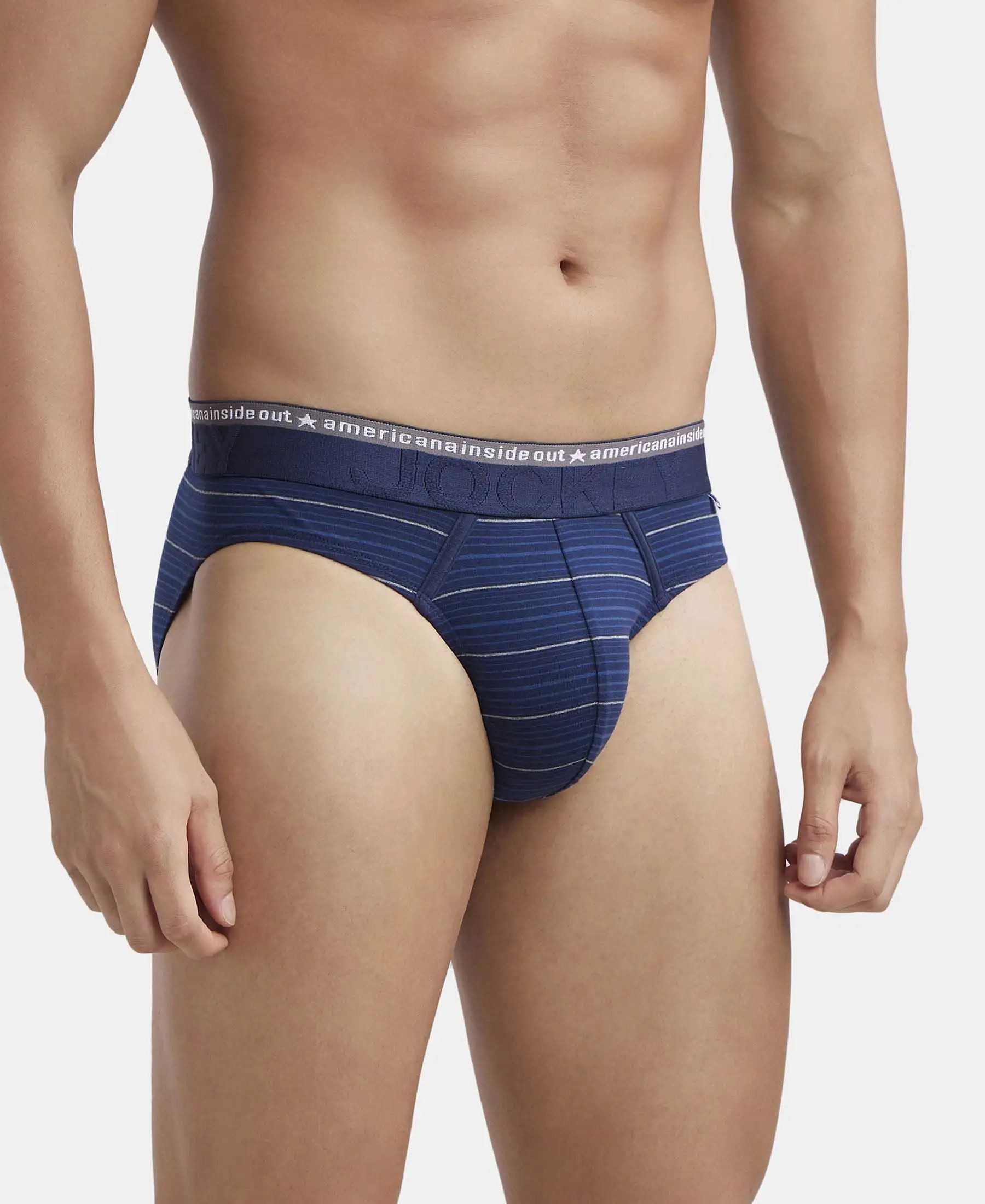 Super Combed Cotton Elastane Stretch Striped Brief with Ultrasoft Waistband - Navy - Image 2