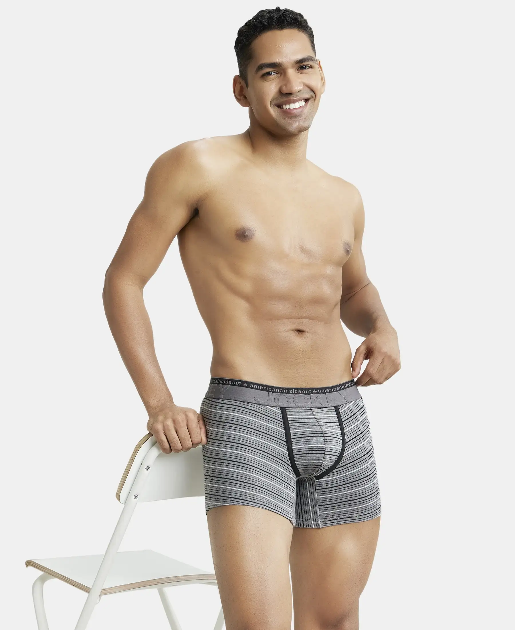 Super Combed Cotton Elastane Stretch Stripe Trunk with Ultrasoft Waistband - Mid Grey Melange - Image 5