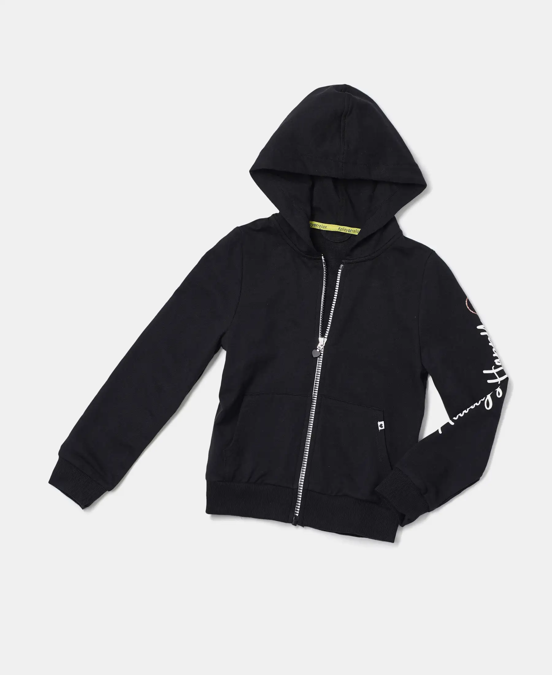 Girl's Super Combed Cotton French Terry Graphic Printed Hoodie Jacket - Black - Image 5