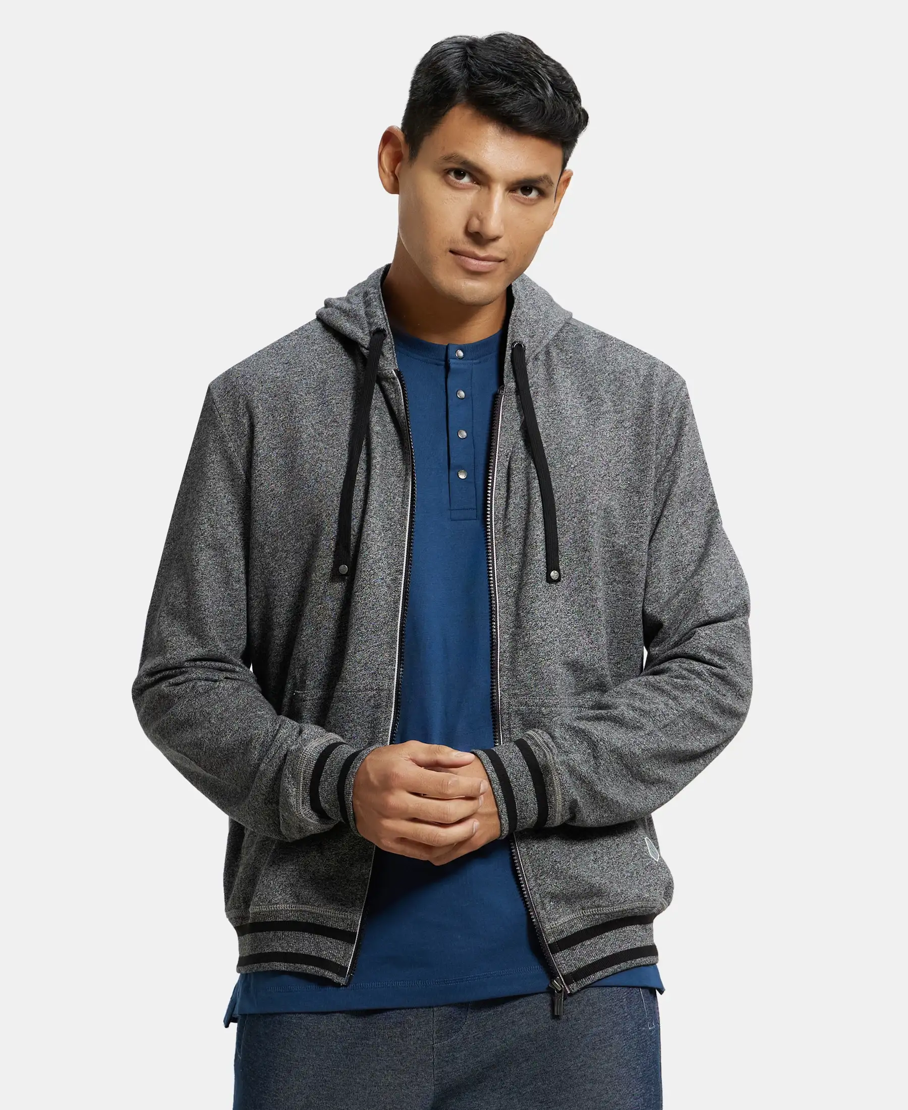 Super Combed Cotton French Terry Hoodie Jacket with Ribbed Cuffs - Black Grindle