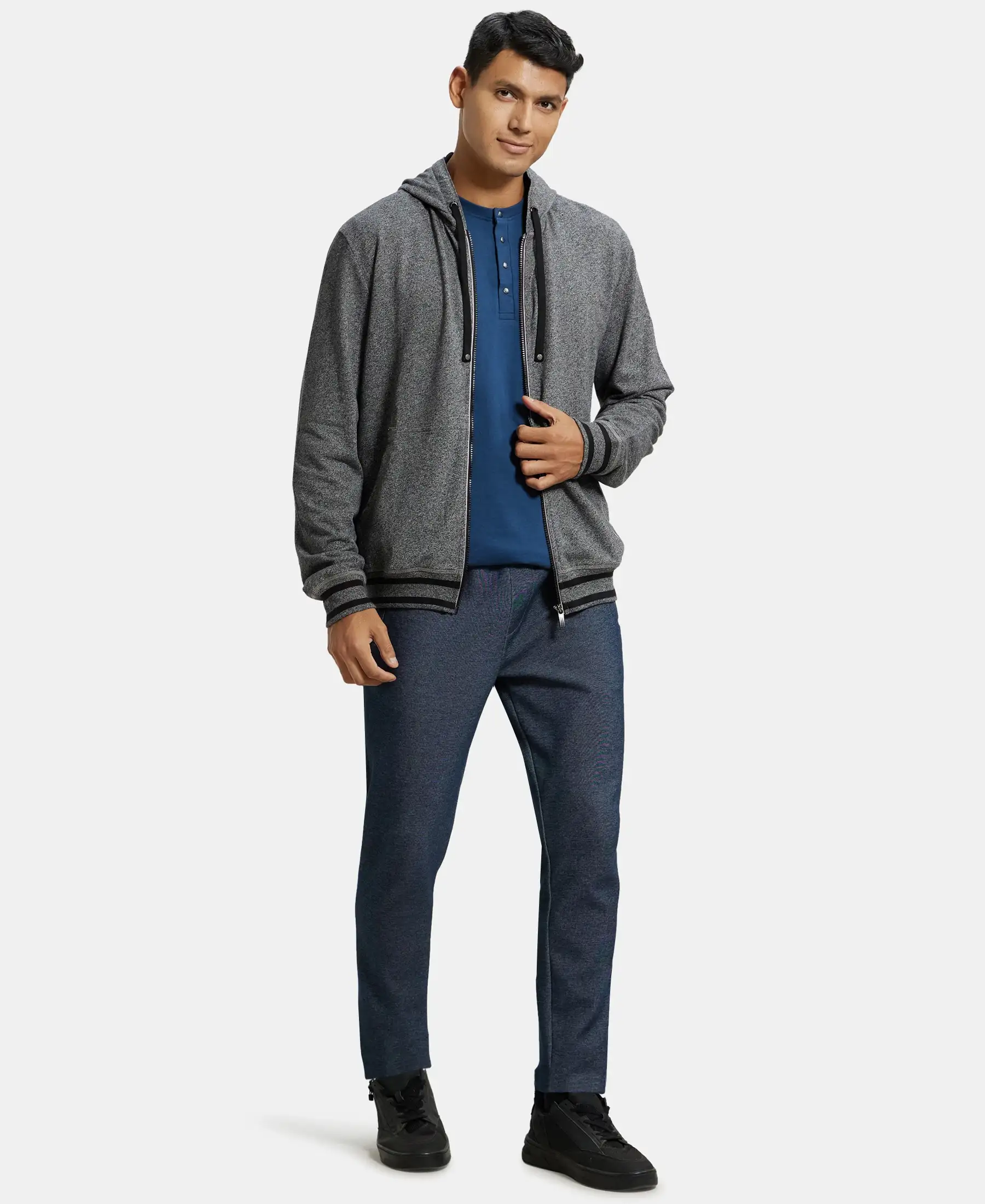 Super Combed Cotton French Terry Hoodie Jacket with Ribbed Cuffs - Black Grindle - Image 4