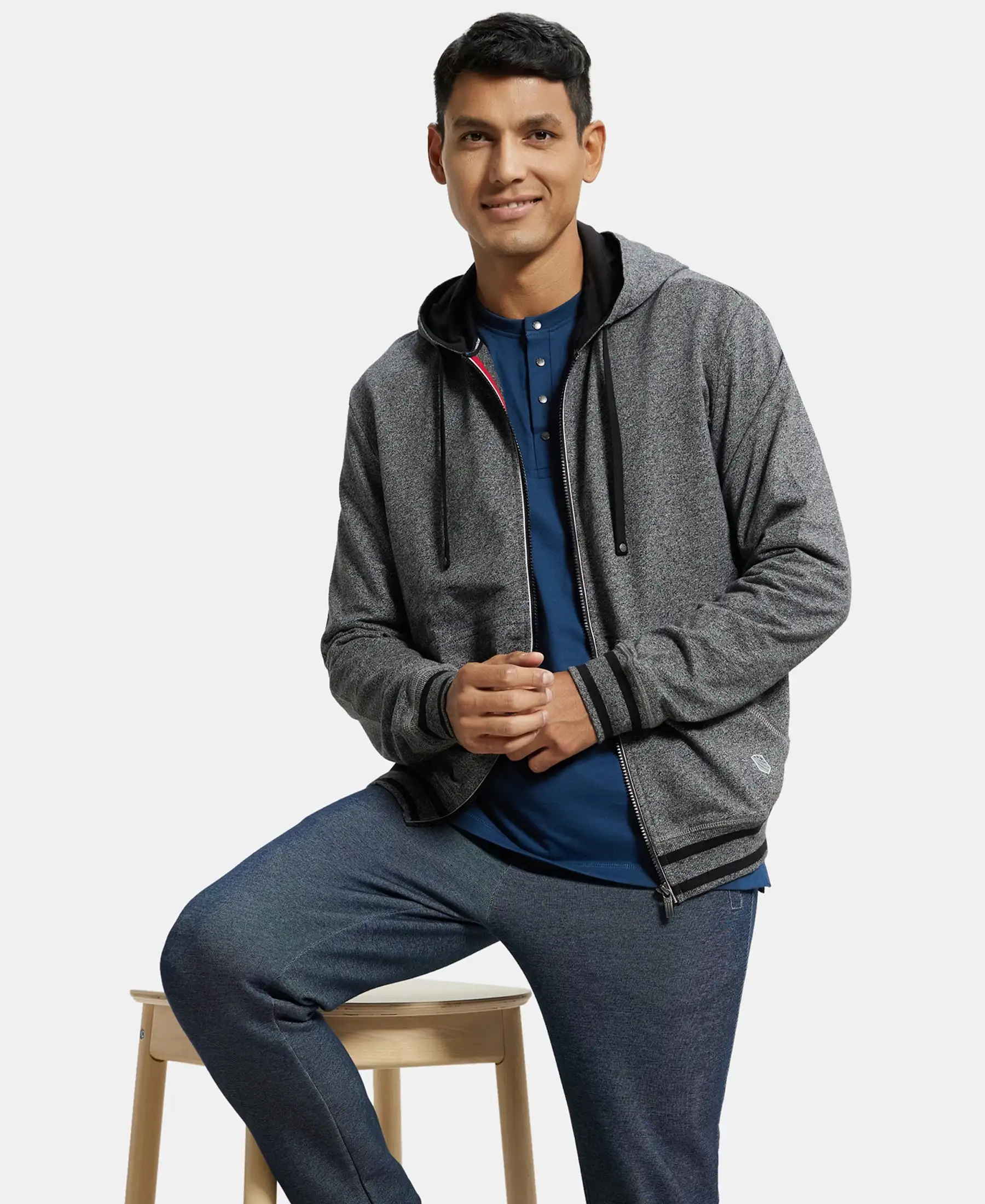 Super Combed Cotton French Terry Hoodie Jacket with Ribbed Cuffs - Black Grindle - Image 5