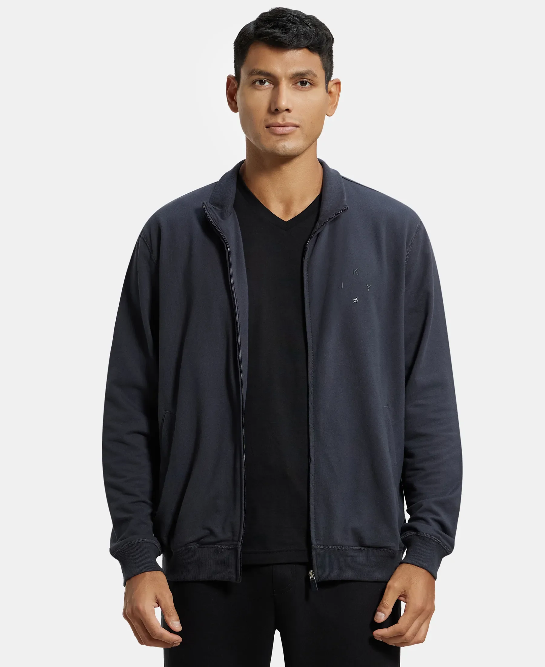 Super Combed Cotton French Terry Jacket with Ribbed Cuffs - Graphite