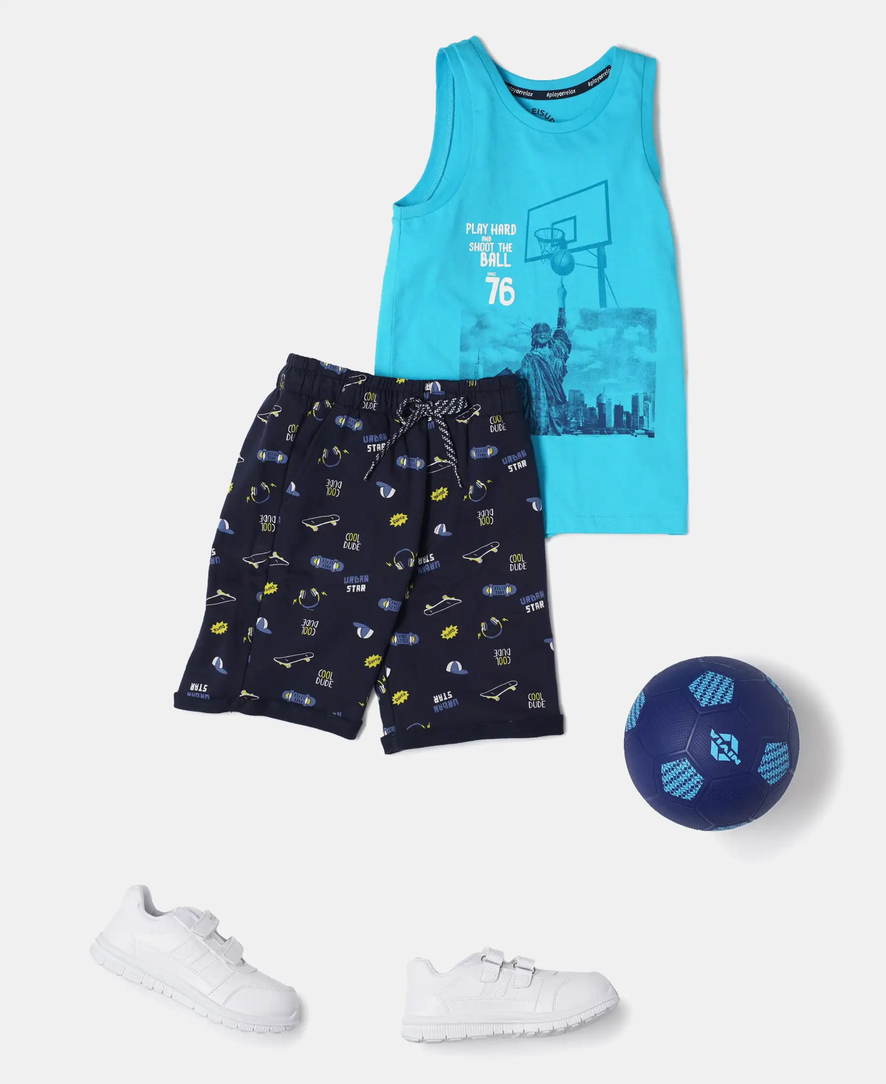 Boy's Super Combed Cotton French Terry Printed Shorts with Turn Up Hem Styling - Navy - Image 4