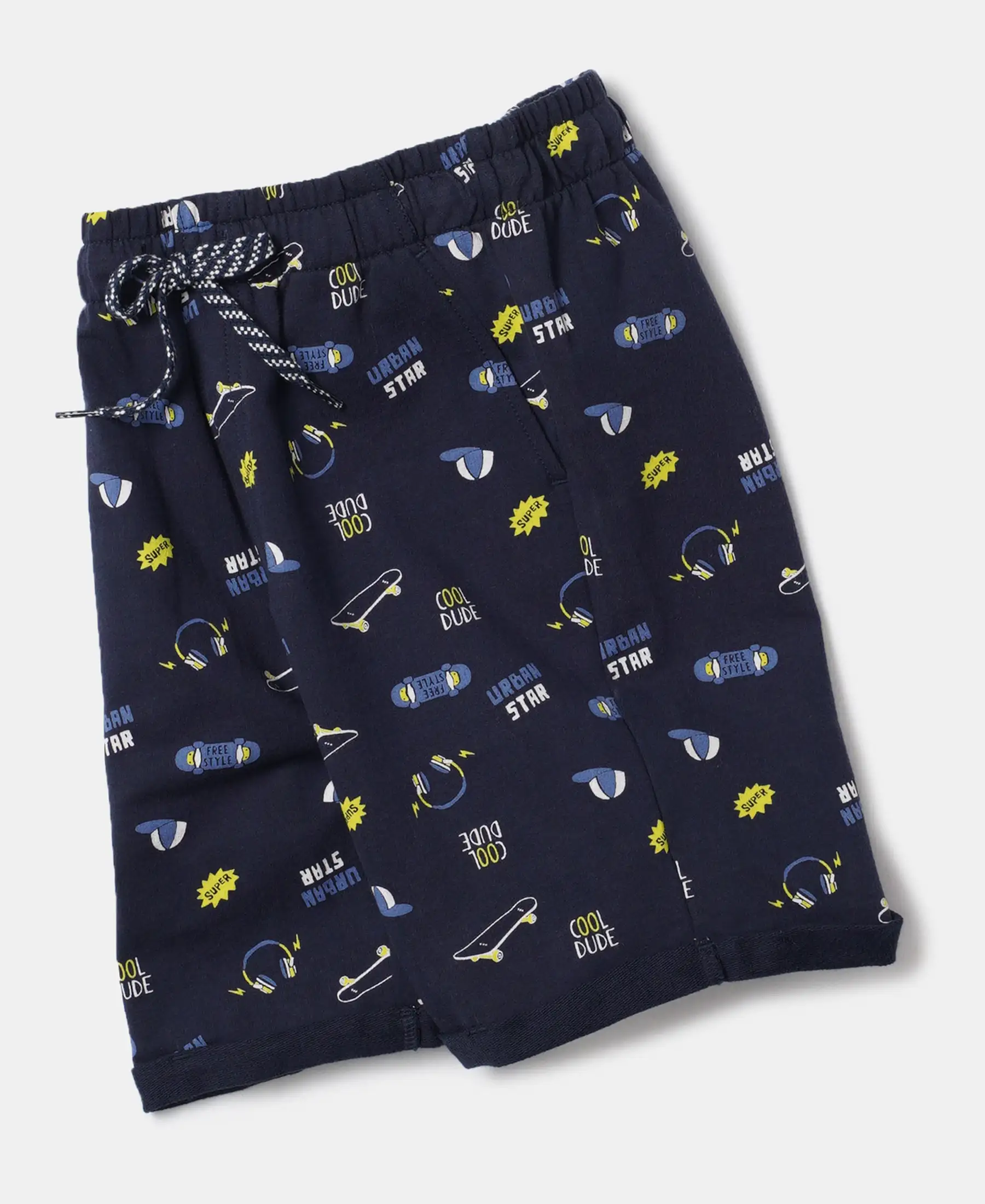 Boy's Super Combed Cotton French Terry Printed Shorts with Turn Up Hem Styling - Navy - Image 5