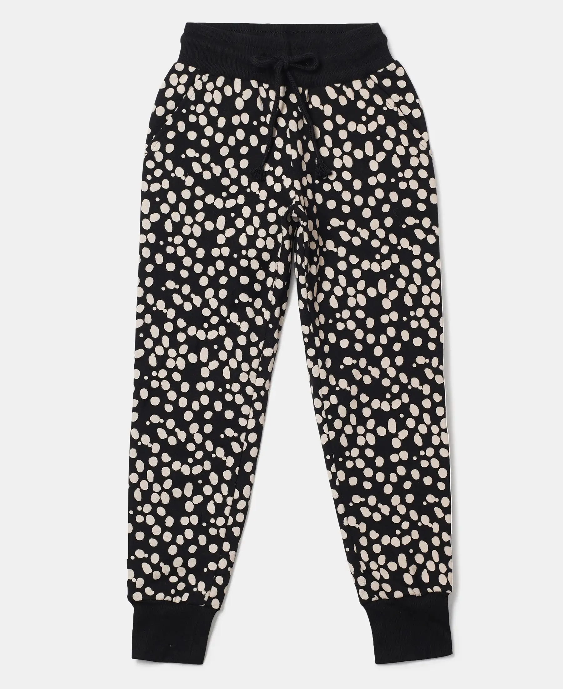 Girl's Super Combed Cotton Elastane Stretch French Terry Printed Slim Fit Joggers - Black Printed