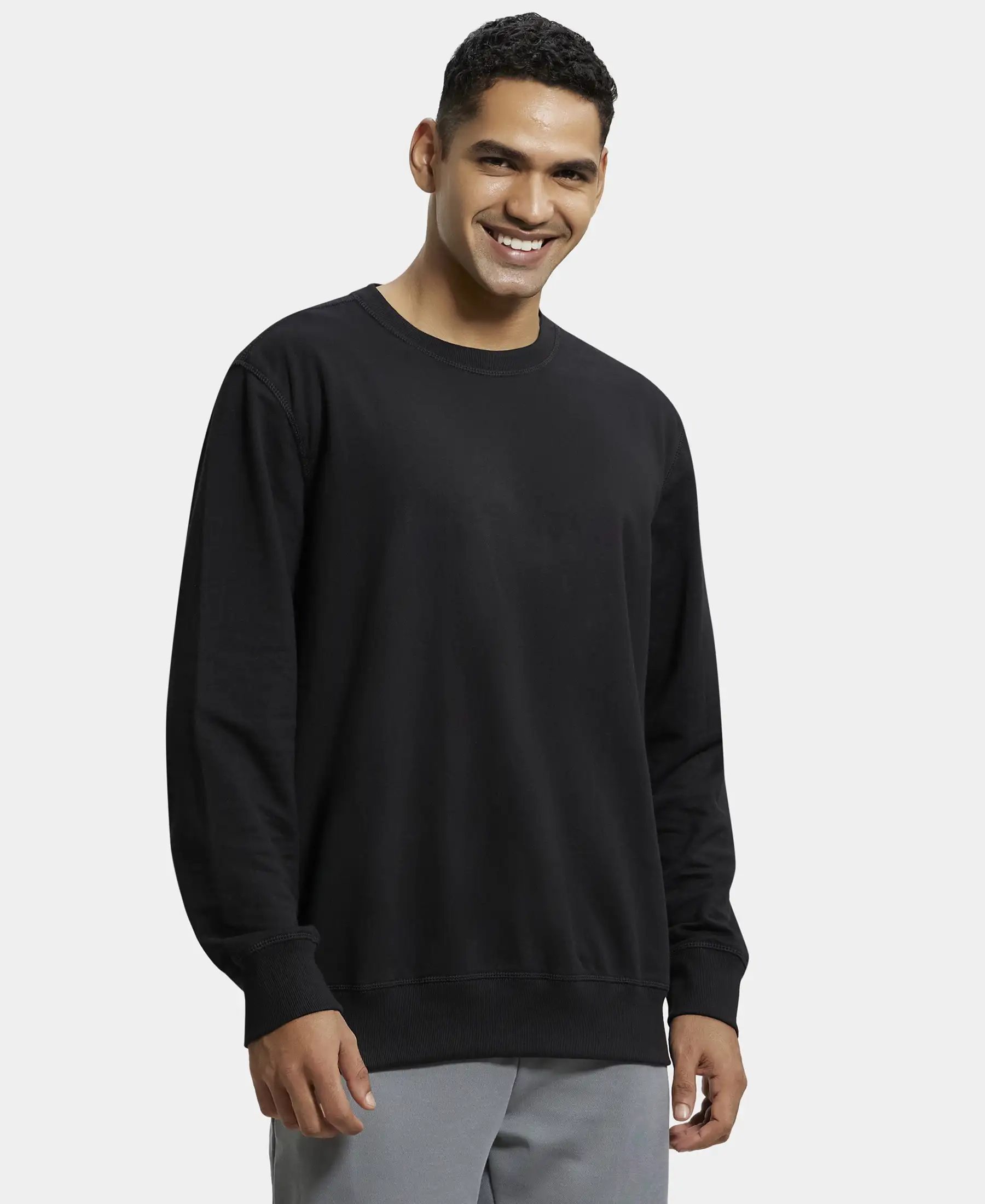Super Combed Cotton French Terry Solid Sweatshirt with Ribbed Cuffs - Black - Image 2