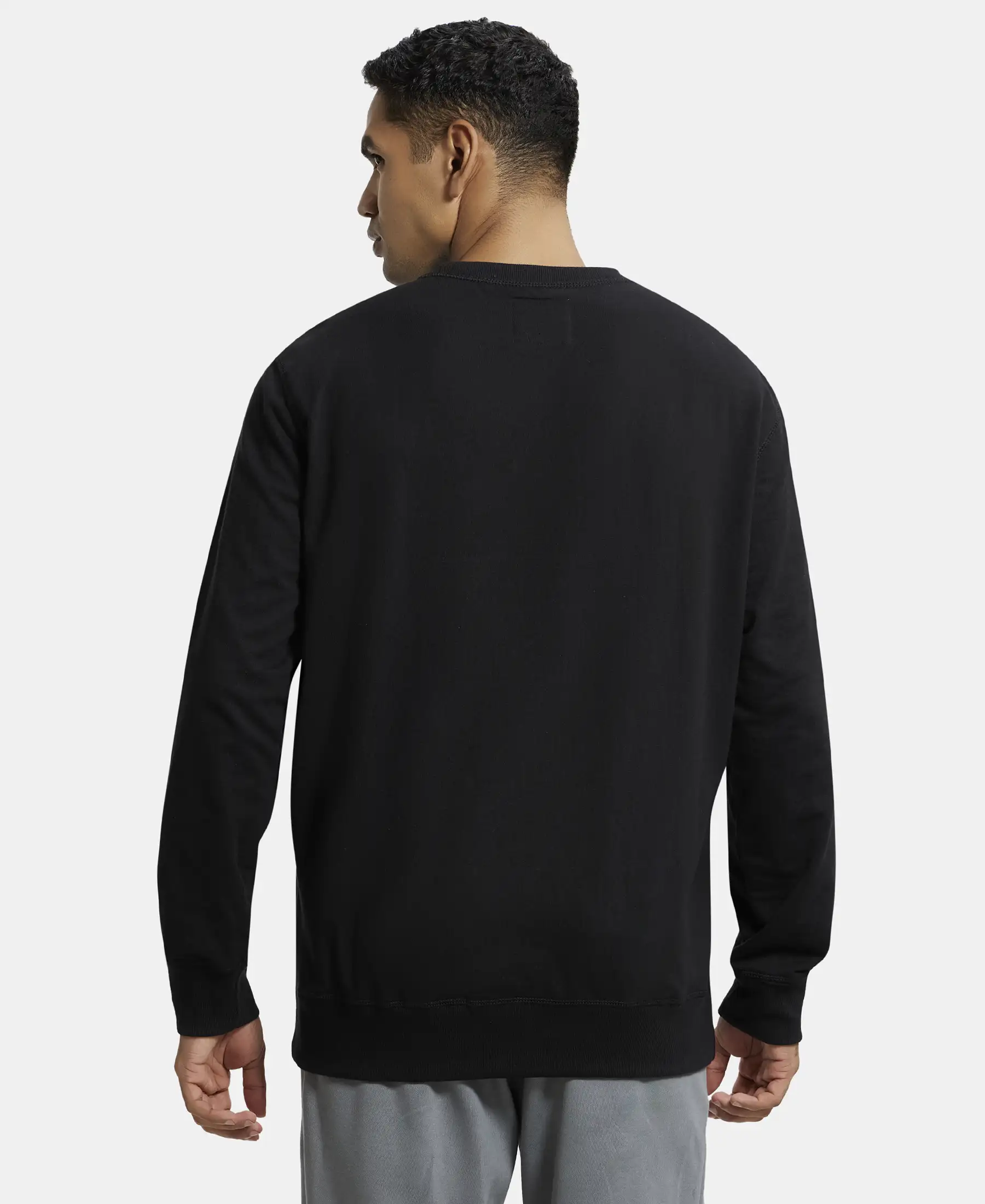 Super Combed Cotton French Terry Solid Sweatshirt with Ribbed Cuffs - Black - Image 3
