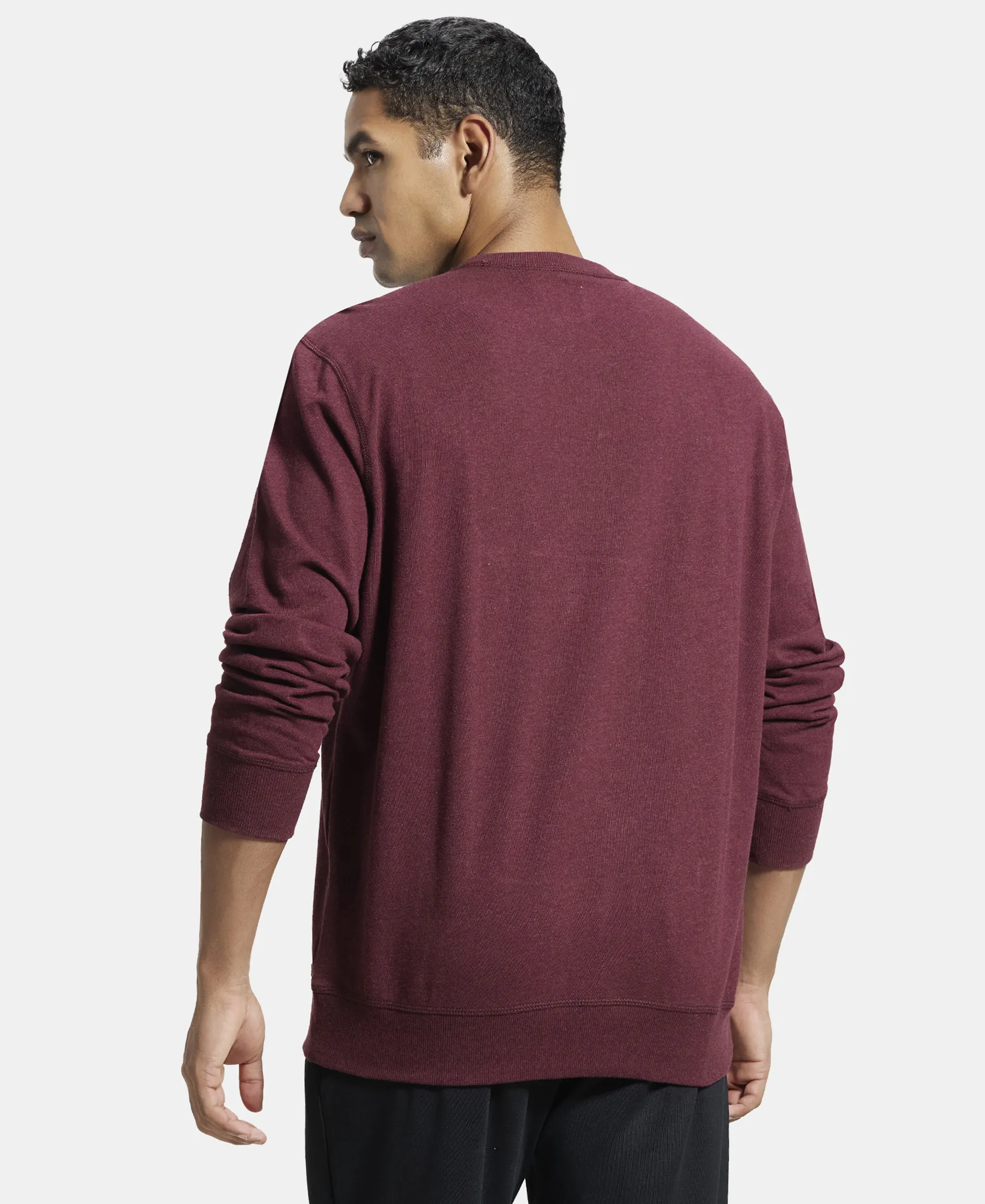Super Combed Cotton French Terry Solid Sweatshirt with Ribbed Cuffs - Burgundy Melange - Image 3