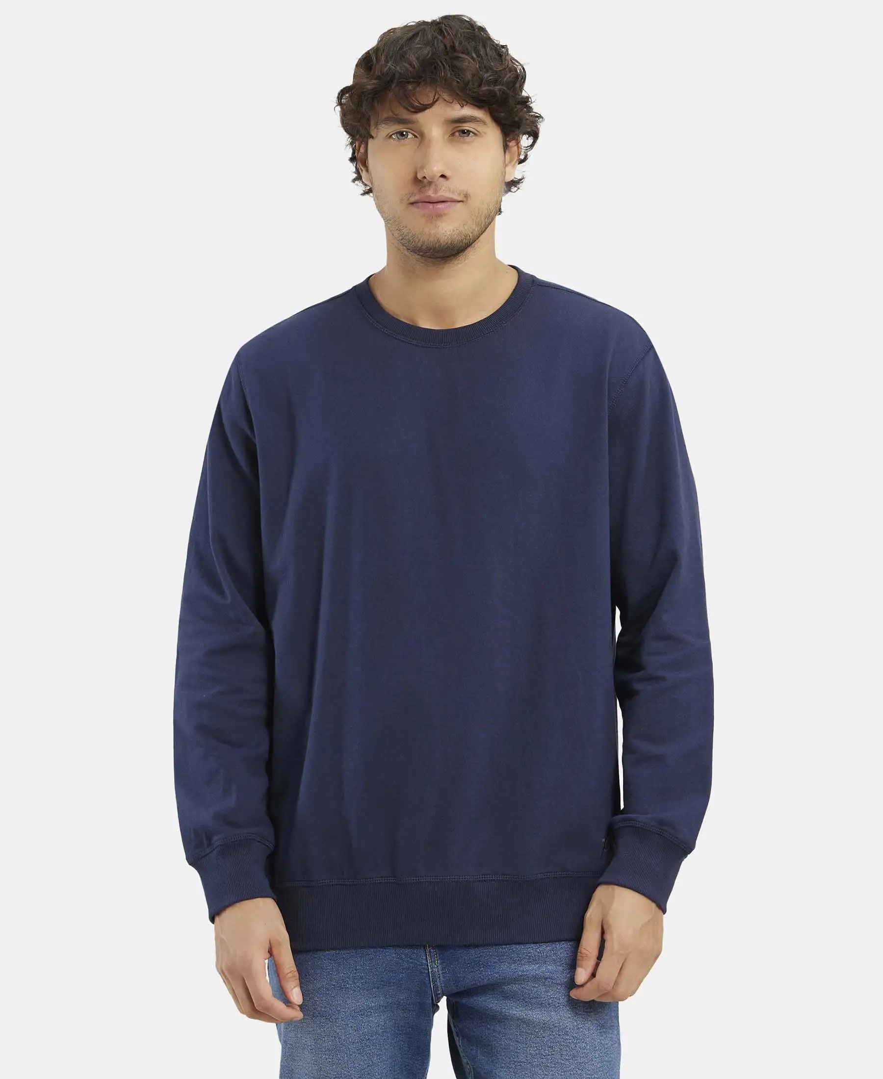 Super Combed Cotton French Terry Solid Sweatshirt with Ribbed Cuffs - Navy