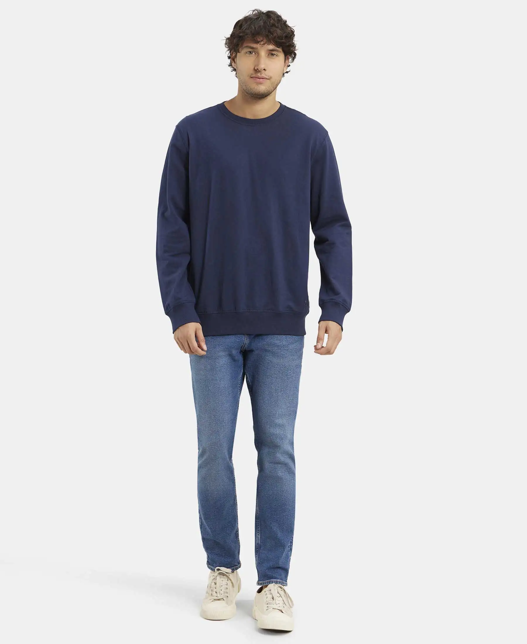 Super Combed Cotton French Terry Solid Sweatshirt with Ribbed Cuffs - Navy - Image 4