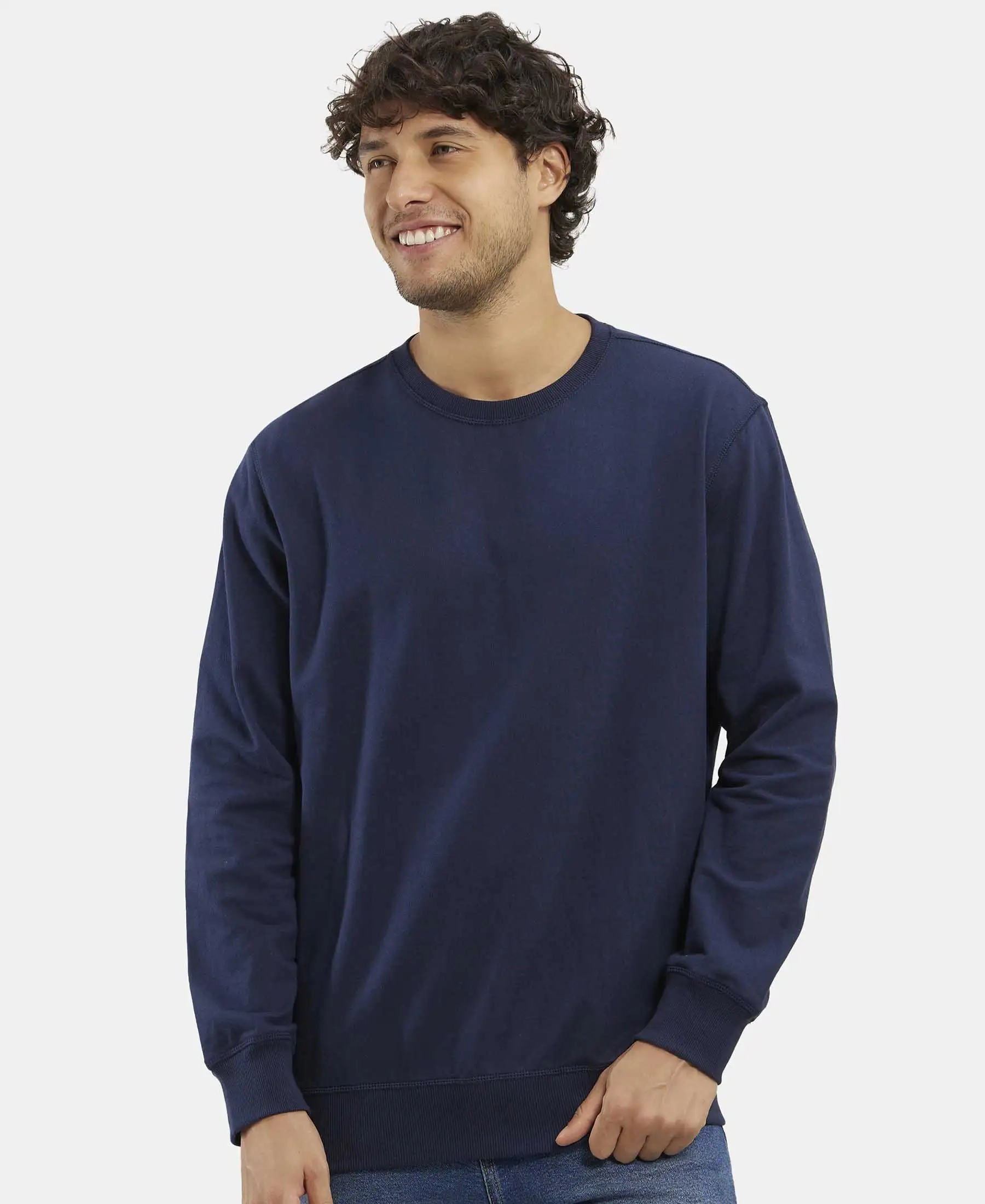 Super Combed Cotton French Terry Solid Sweatshirt with Ribbed Cuffs - Navy - Image 5
