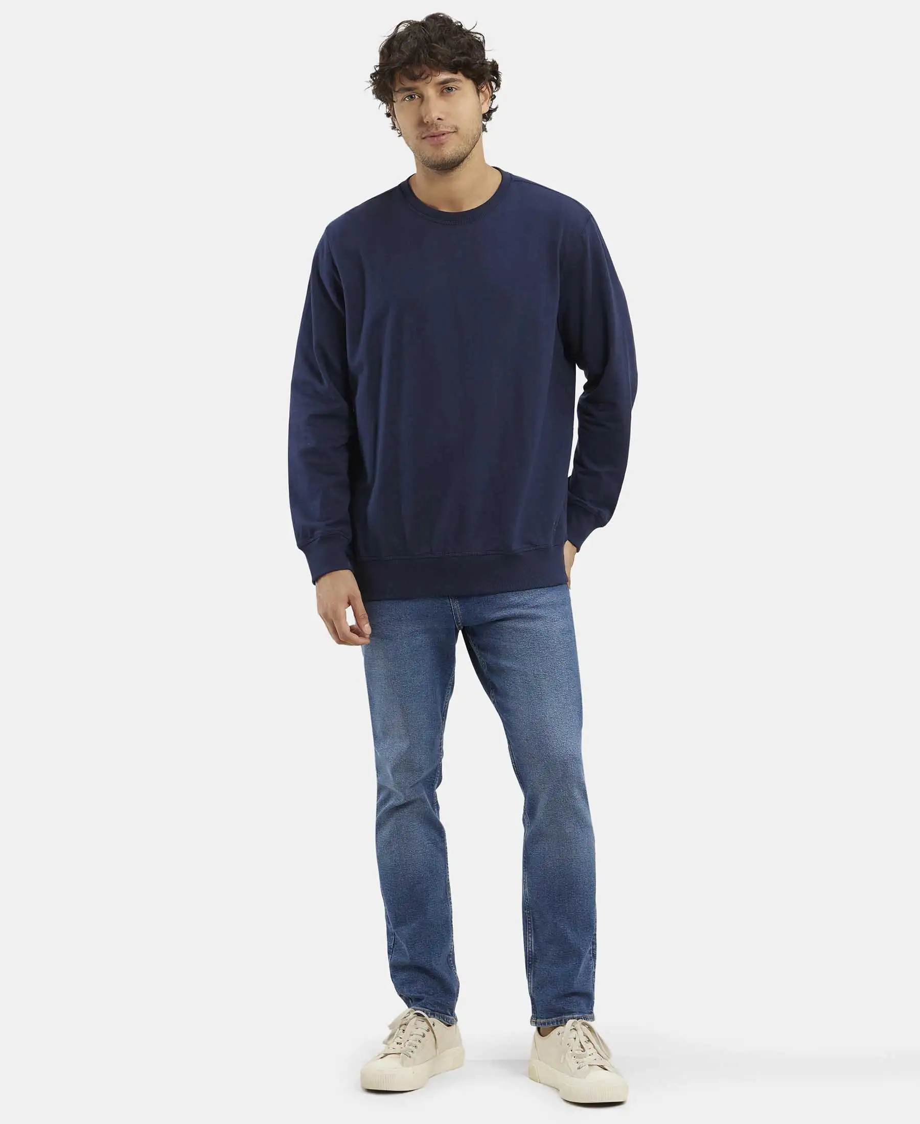 Super Combed Cotton French Terry Solid Sweatshirt with Ribbed Cuffs - Navy - Image 6