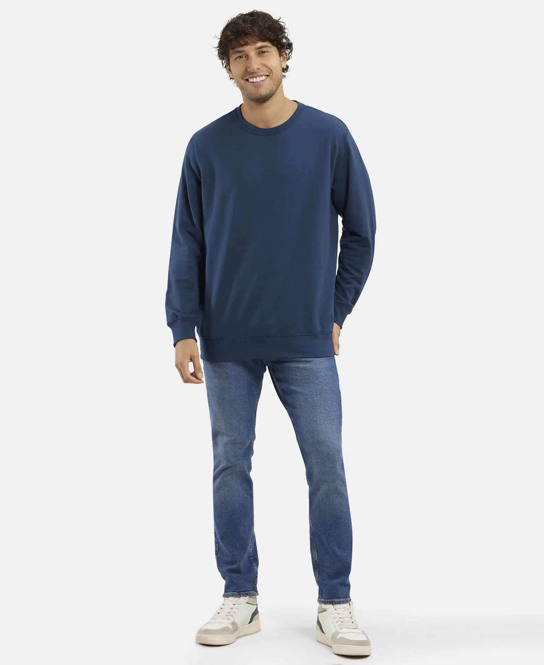 Super Combed Cotton French Terry Solid Sweatshirt with Ribbed Cuffs - Petrol - Image 4