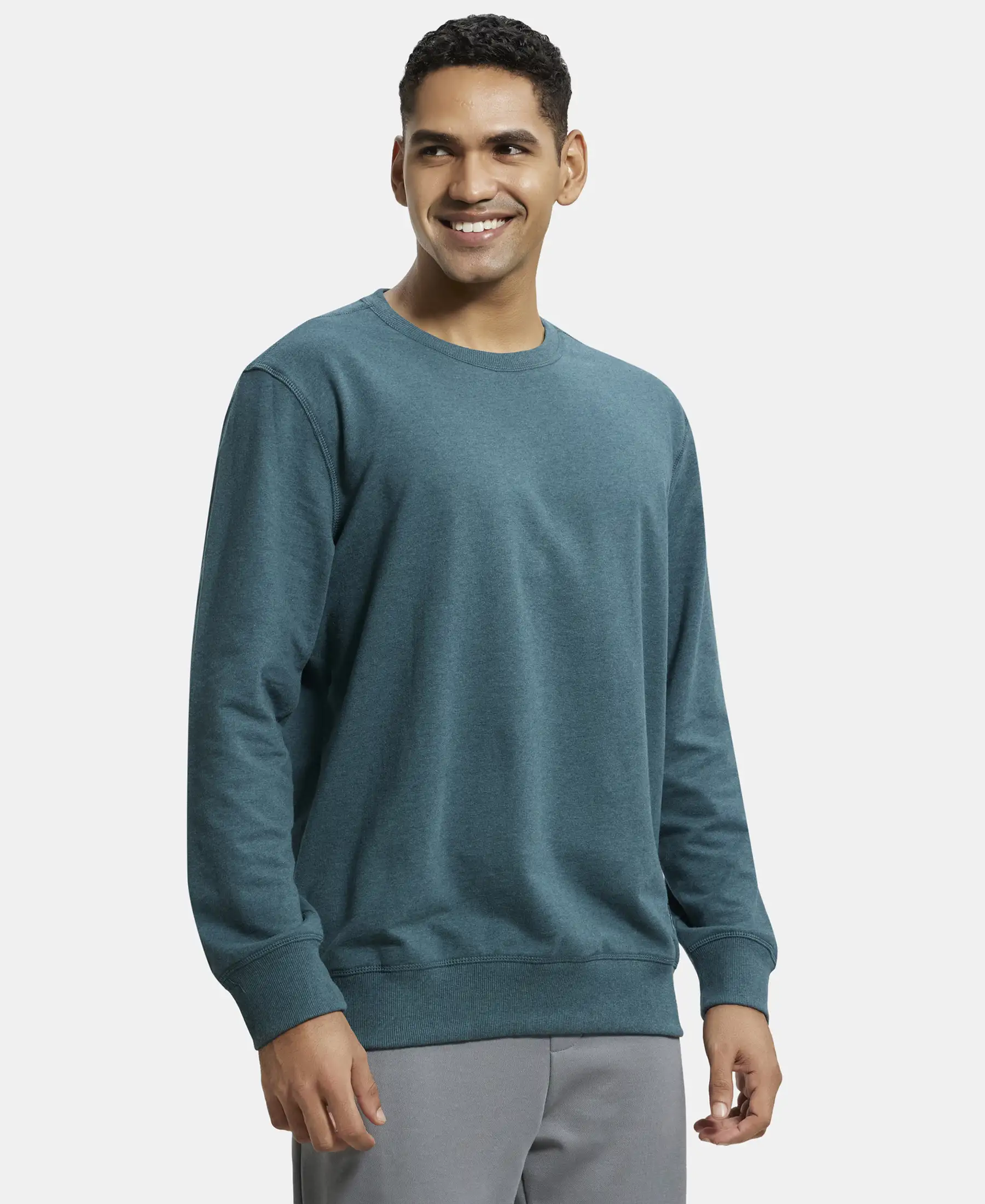 Super Combed Cotton French Terry Solid Sweatshirt with Ribbed Cuffs - Pine Melange - Image 2