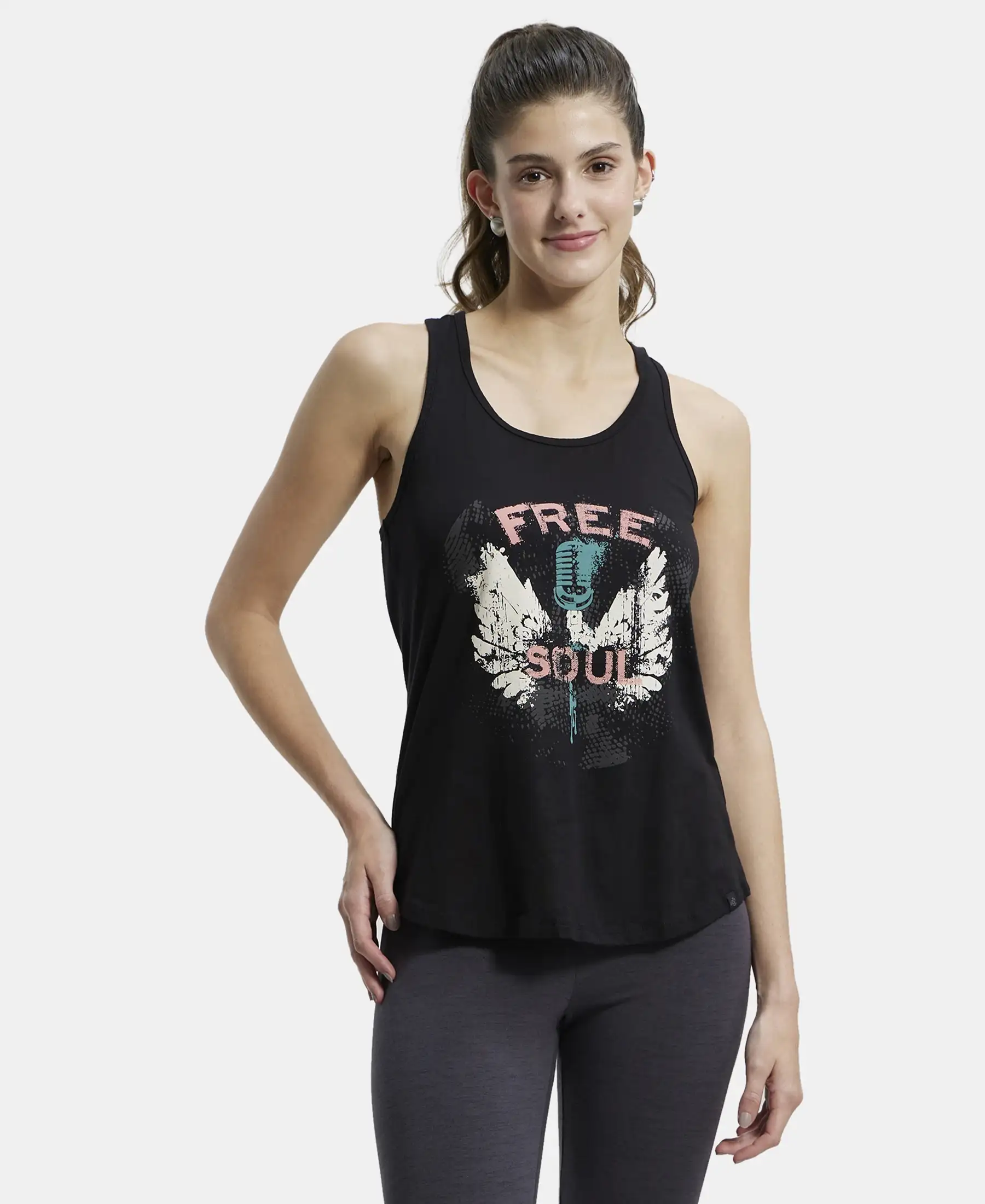 Super Combed Cotton Graphic Printed Racerback Styled Tank Top - Black
