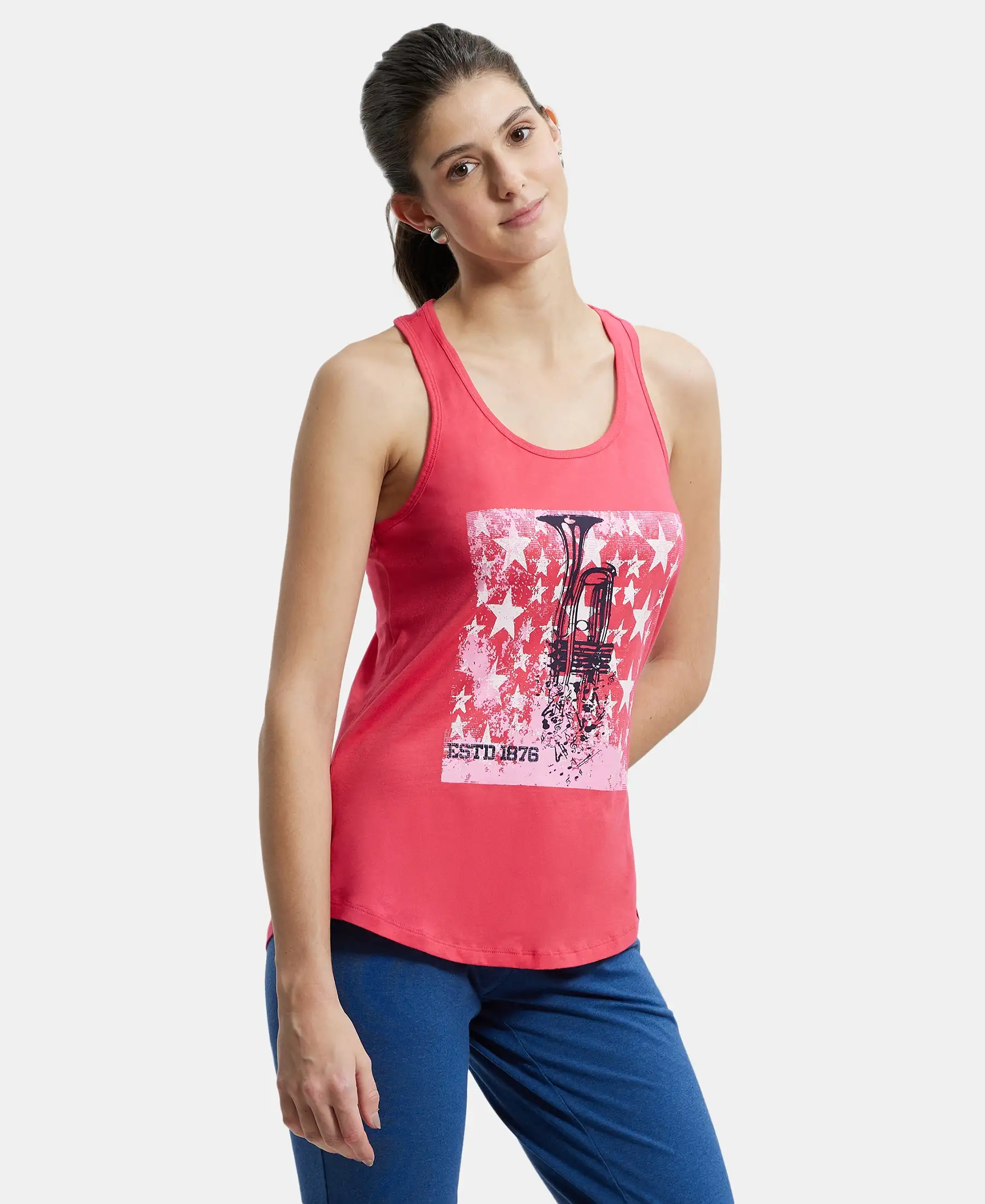 Super Combed Cotton Graphic Printed Racerback Styled Tank Top - Ruby - Image 2