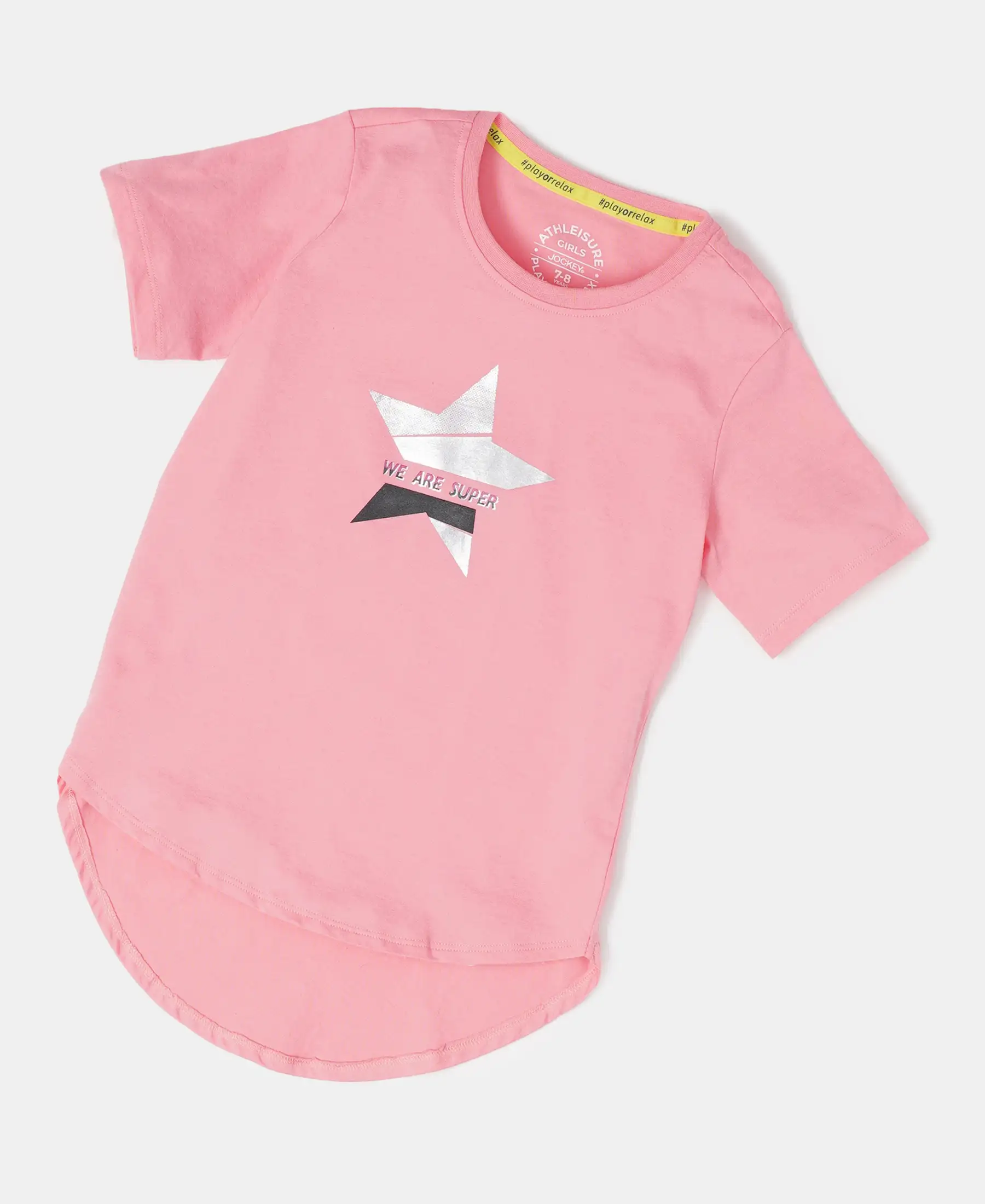 Girl's Super Combed Cotton Graphic Printed Short Sleeve T-Shirt with Hi Low Hem - Flamingo Pink - Image 5