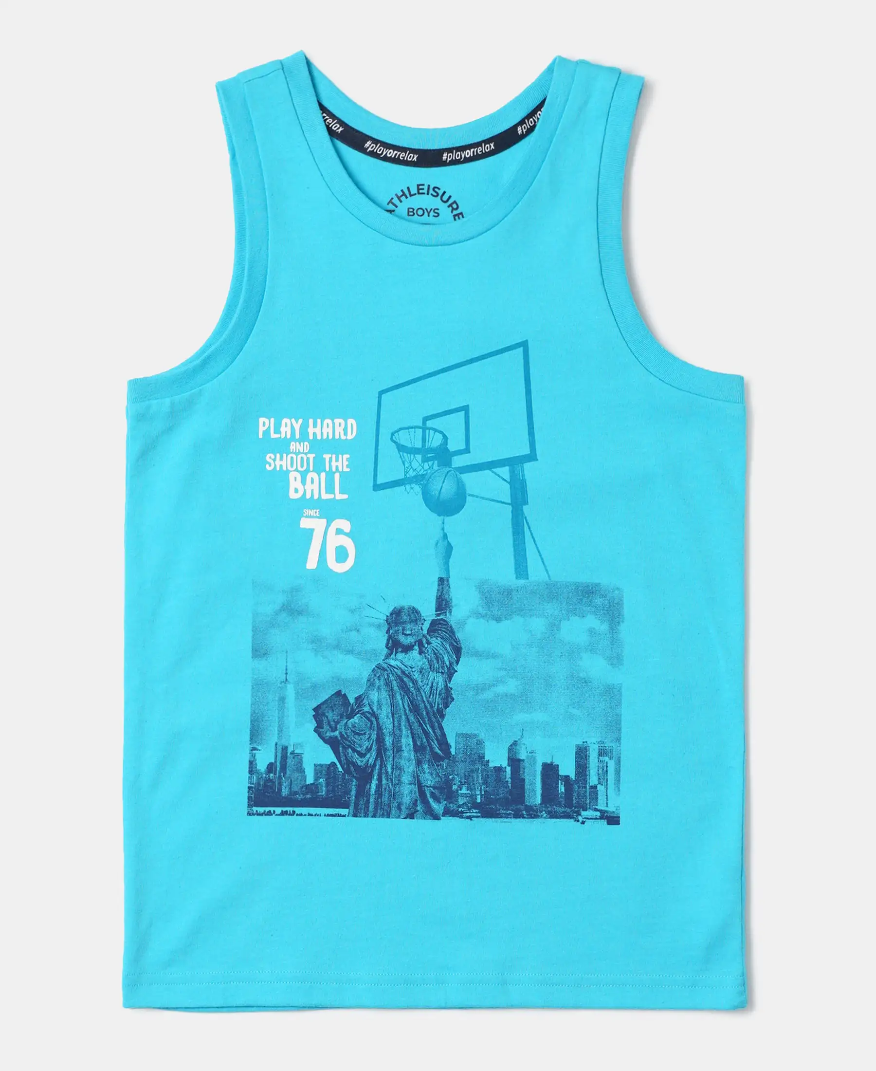 Boy's Super Combed Cotton Graphic Printed Tank Top - Scuba Blue Printed