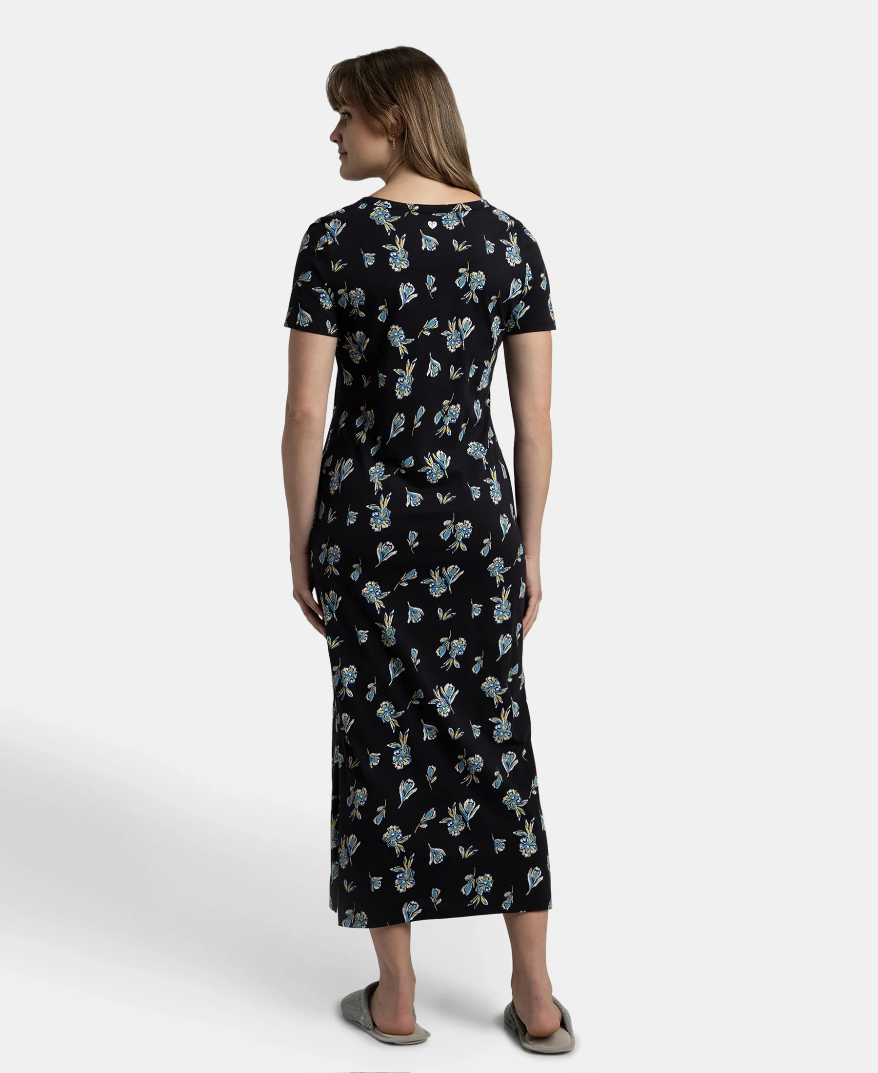 Super Combed Cotton Long Length Printed Lounge Dress - Black - Image 3