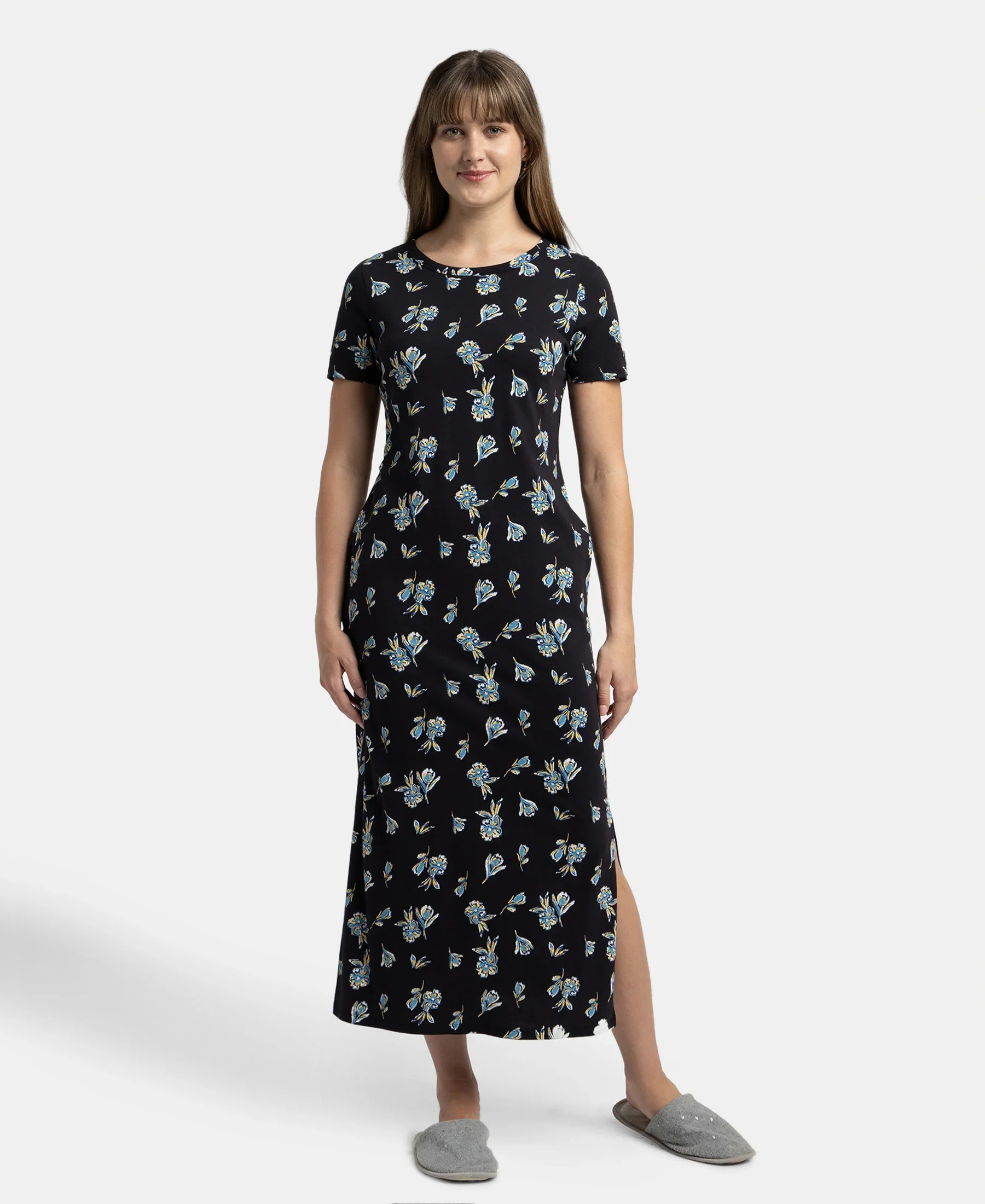 Super Combed Cotton Long Length Printed Lounge Dress - Black - Image 4