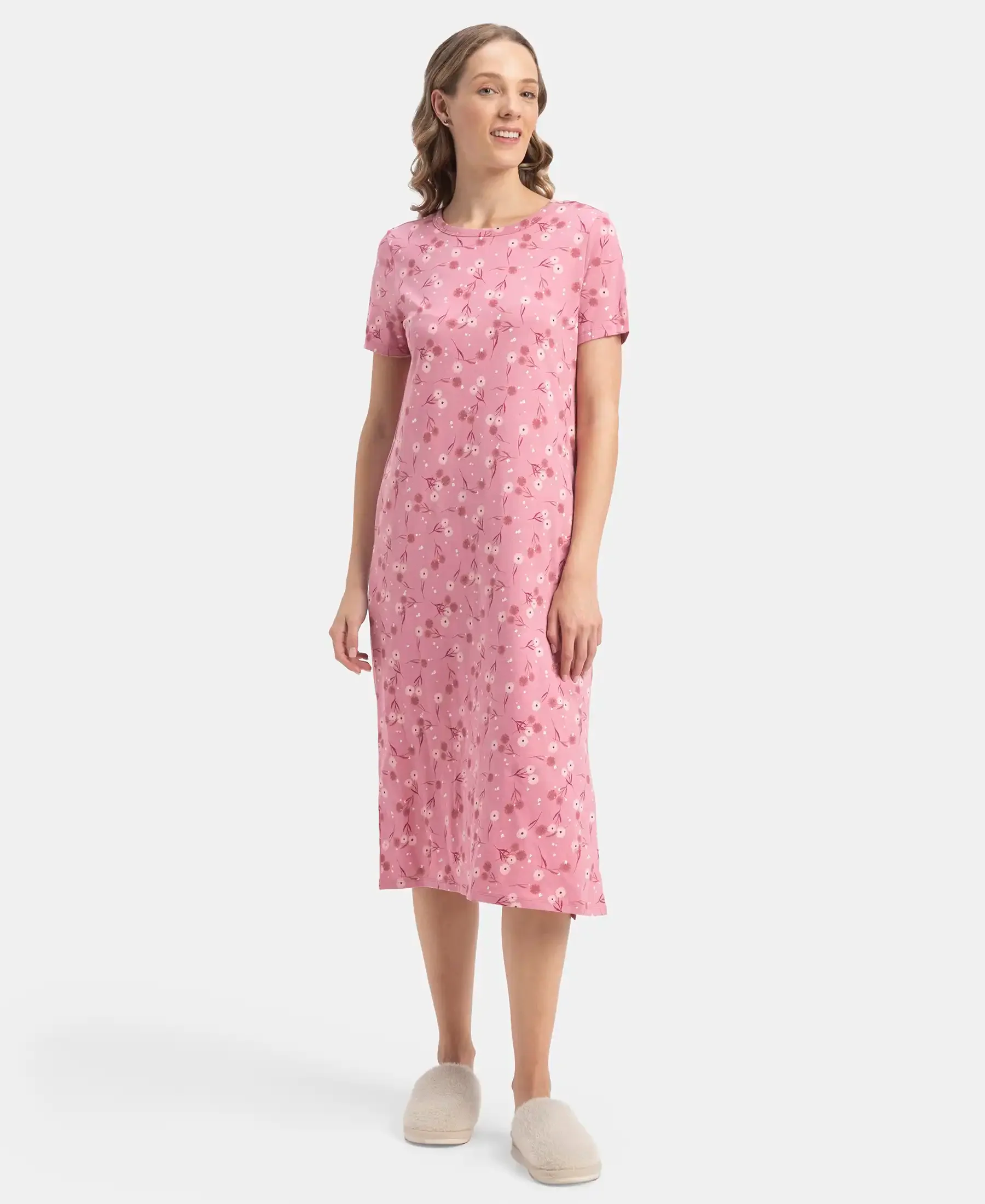 Super Combed Cotton Long Length Printed Lounge Dress - Cashmere Rose