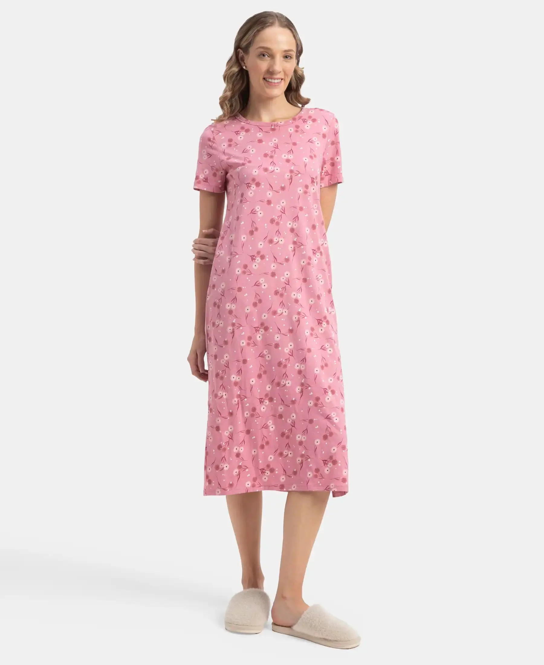 Super Combed Cotton Long Length Printed Lounge Dress - Cashmere Rose - Image 4