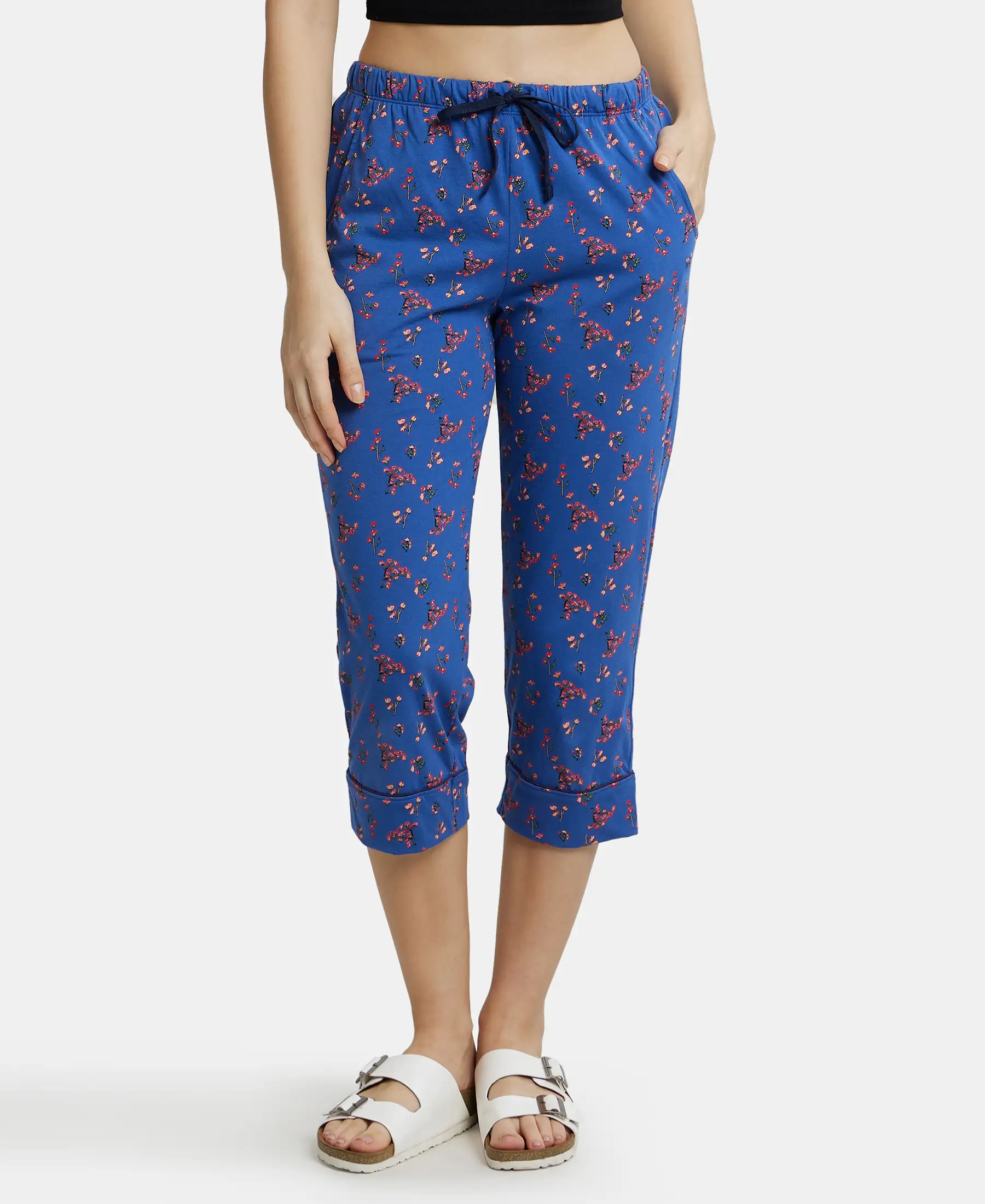 Super Combed Cotton Printed Elastane Slim Fit Capri with Ultrasoft Waistband - Blue Quartz