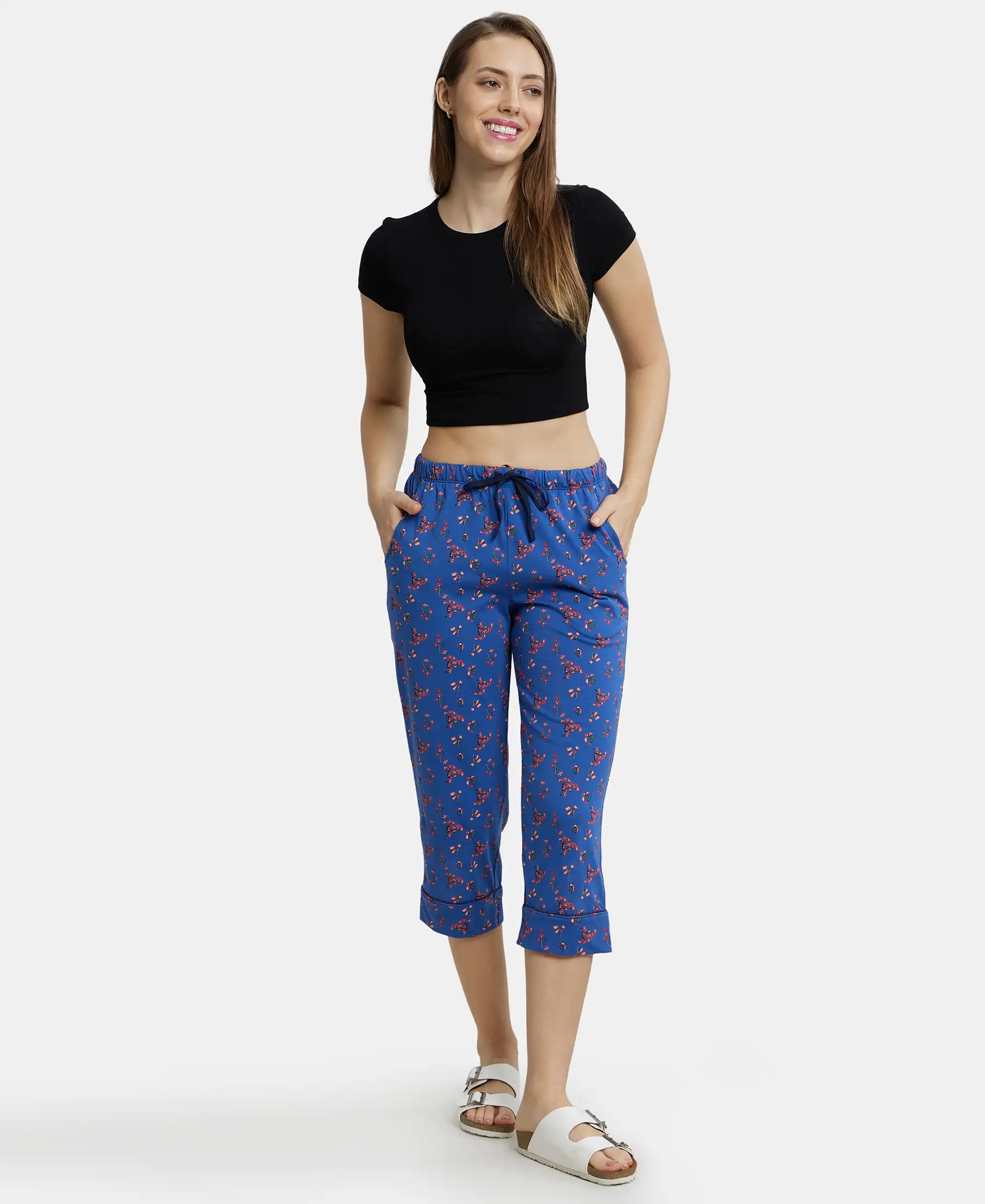 Super Combed Cotton Printed Elastane Slim Fit Capri with Ultrasoft Waistband - Blue Quartz - Image 4