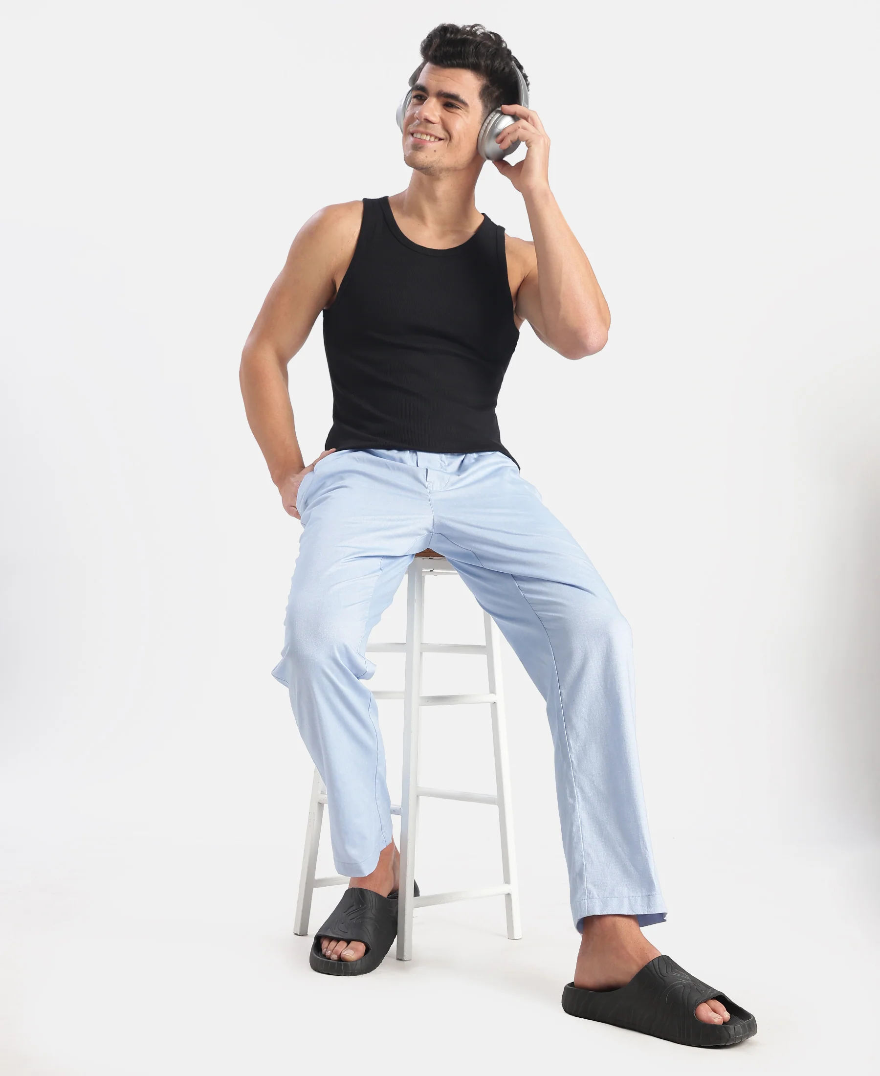 Super Combed Cotton Relaxed Fit Pyjama with Side Pockets - Light Blue Chambray - Image 6