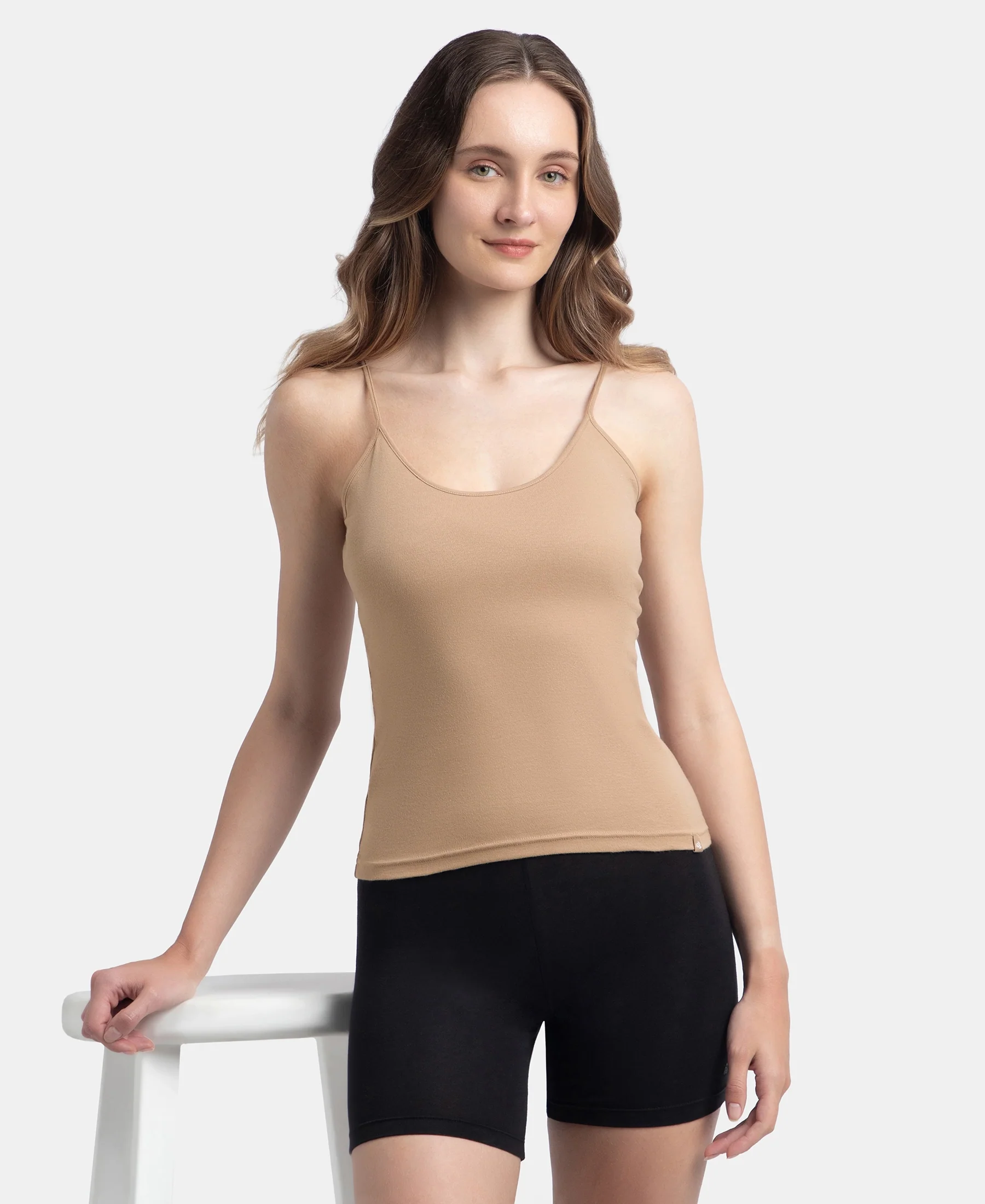 Super Combed Cotton Rib Camisole with Adjustable Straps and StayFresh Treatment - Black & Almondine (Pack of 2) - Image 11