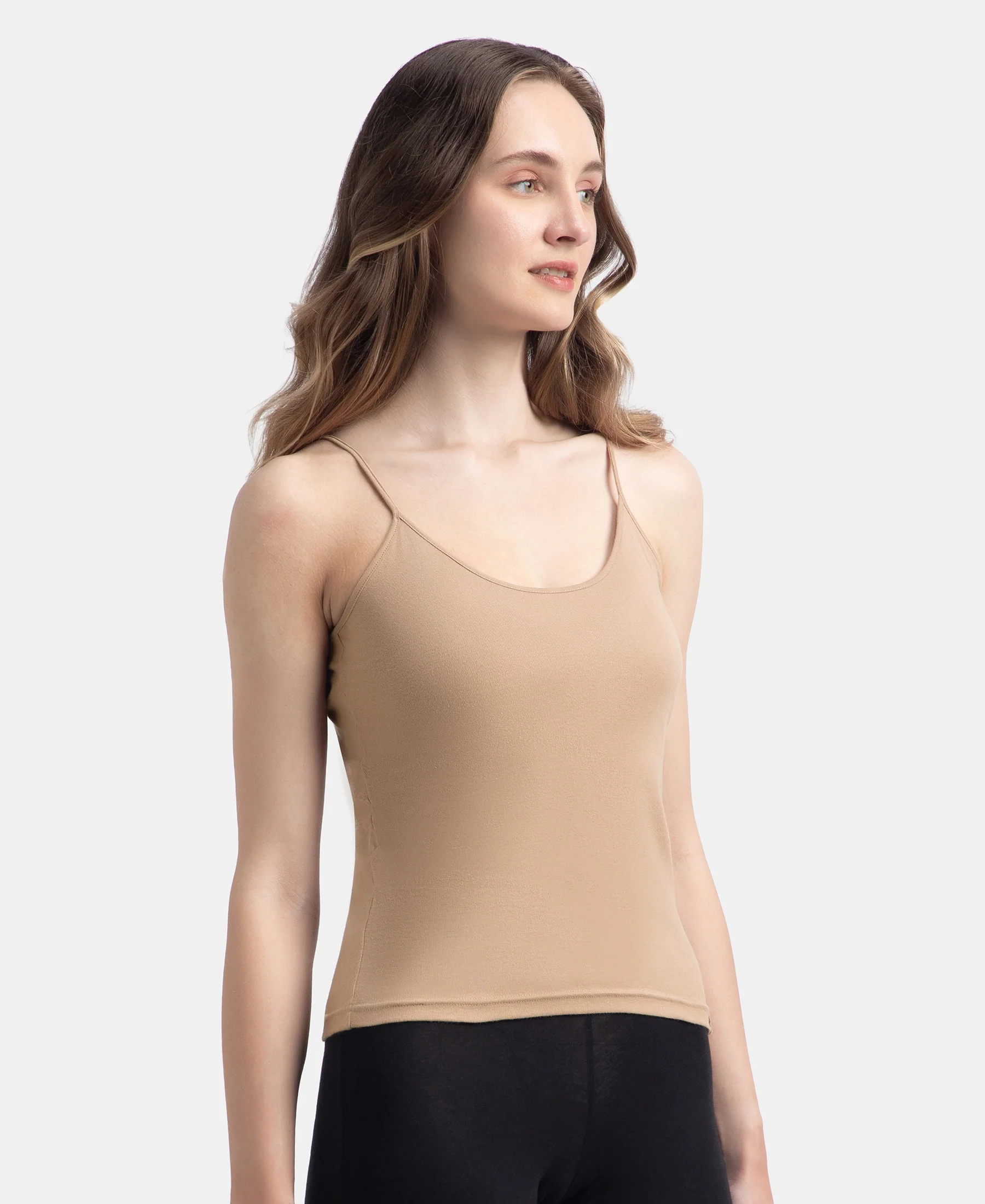 Super Combed Cotton Rib Camisole with Adjustable Straps and StayFresh Treatment - Black & Almondine (Pack of 2) - Image 4