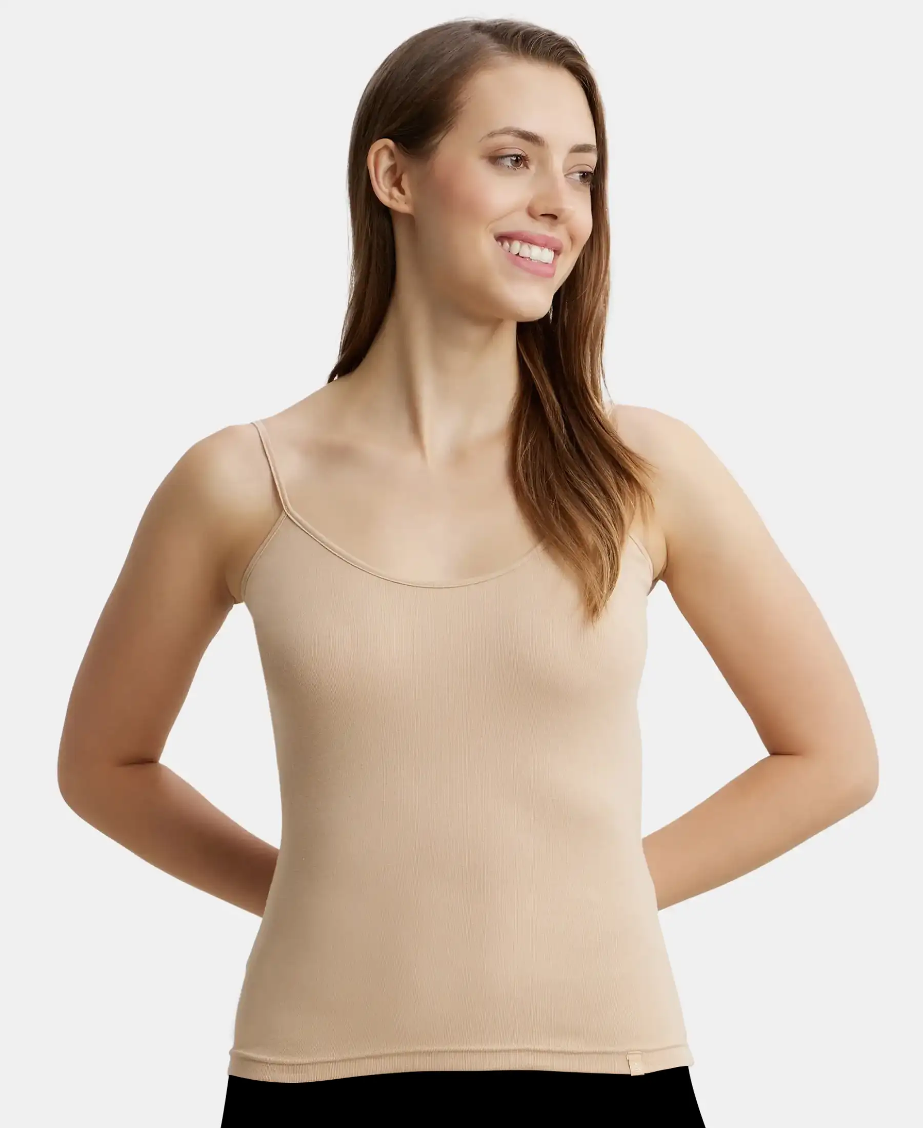 Super Combed Cotton Rib Camisole with Adjustable Straps and StayFresh Treatment - Black & Light Skin (Pack of 2) - Image 3