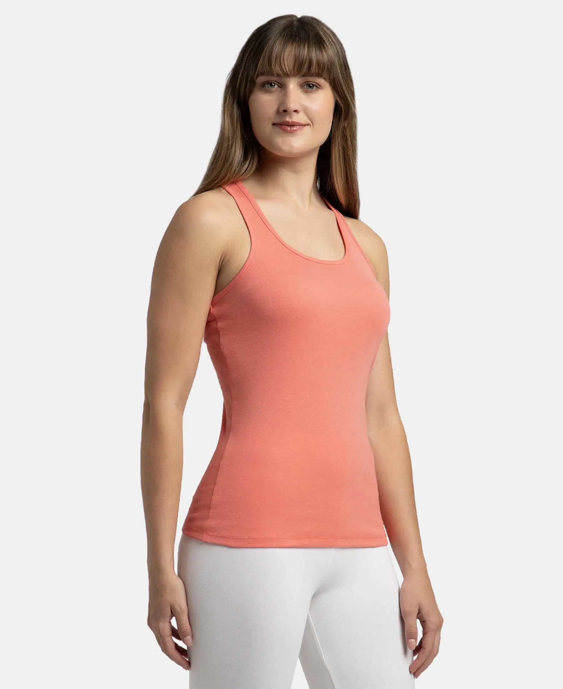 Super Combed Cotton Rib Fabric Slim Fit Solid Racerback Styled Tank Top - Blush Pink - Image 2