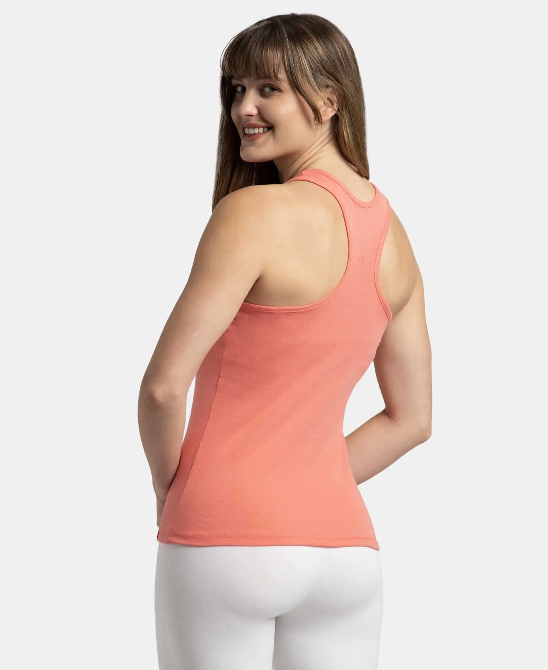 Super Combed Cotton Rib Fabric Slim Fit Solid Racerback Styled Tank Top - Blush Pink - Image 3