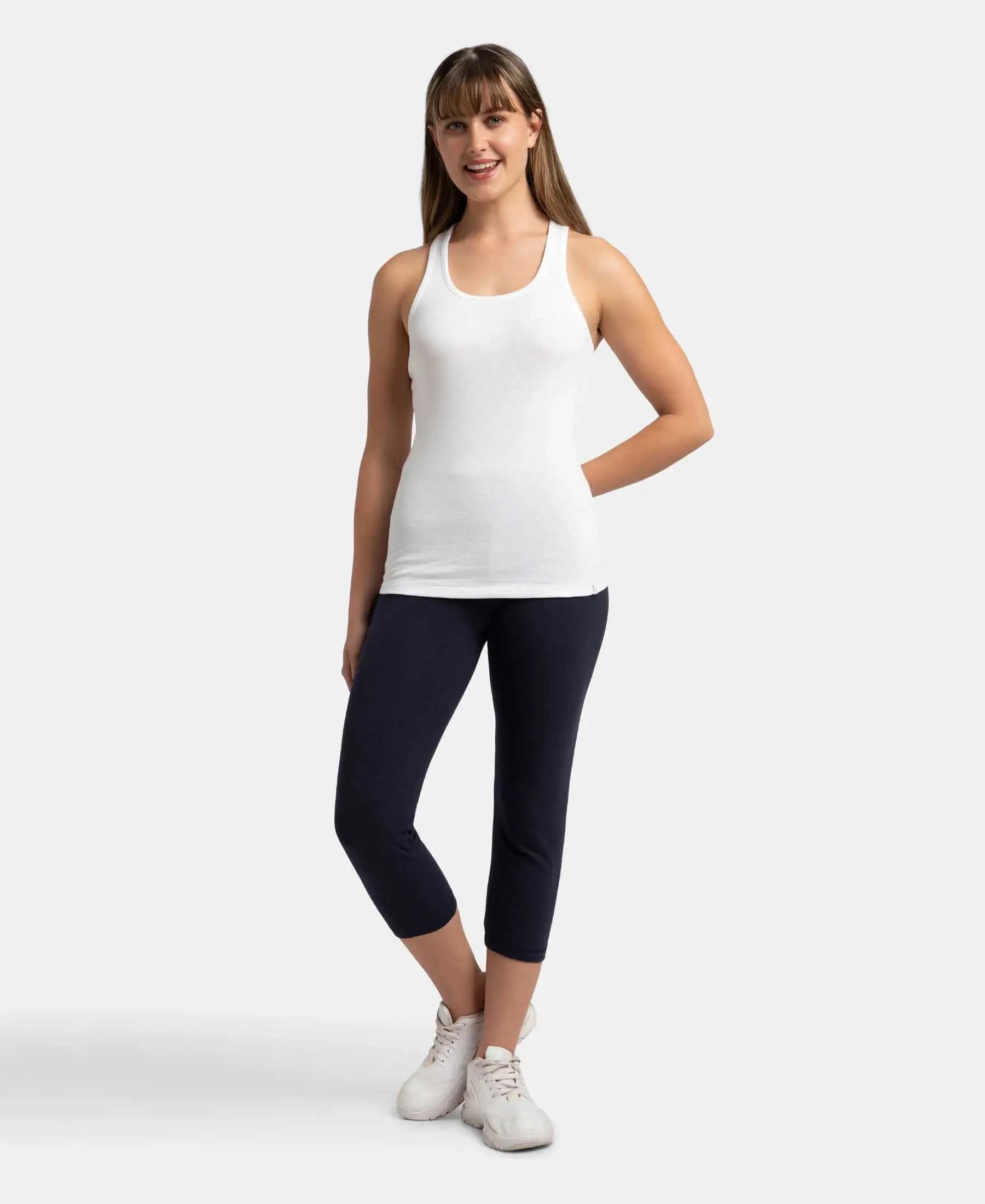 Super Combed Cotton Rib Fabric Slim Fit Solid Racerback Styled Tank Top - White - Image 4