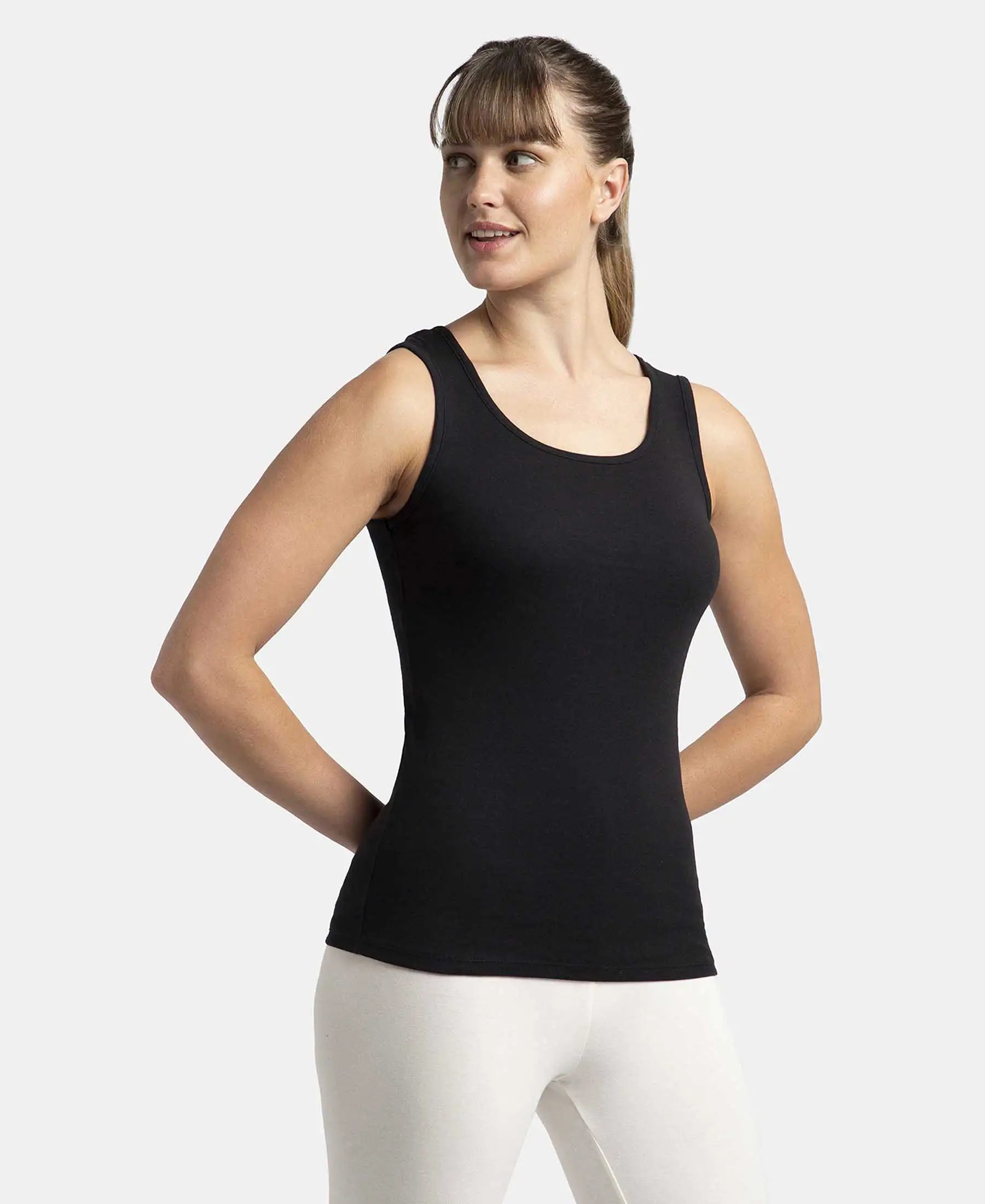 Super Combed Cotton Rib Fabric Slim Fit Solid Tank Top - Black - Image 2