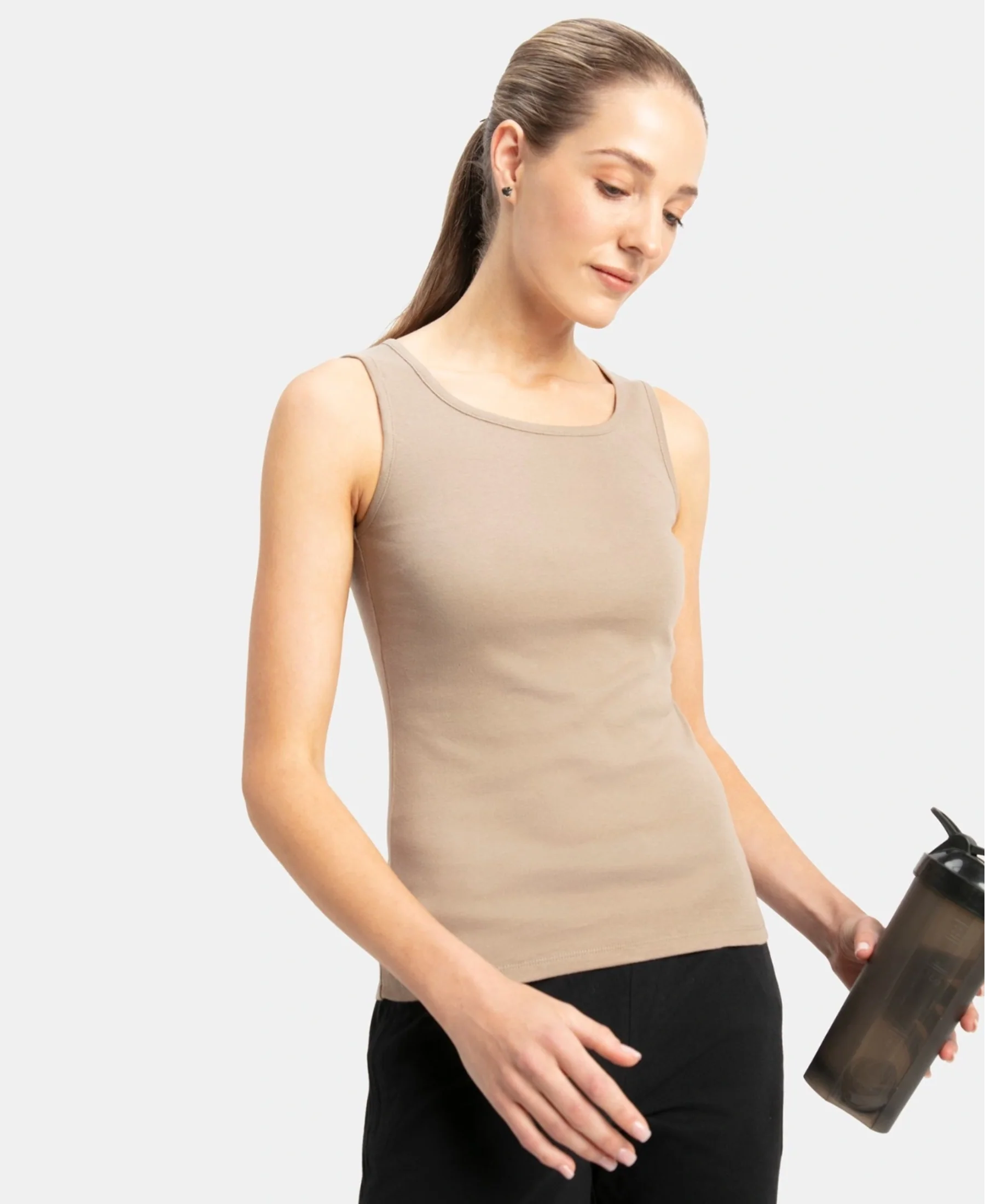 Super Combed Cotton Rib Fabric Slim Fit Solid Tank Top - Desert Taupe - Image 5