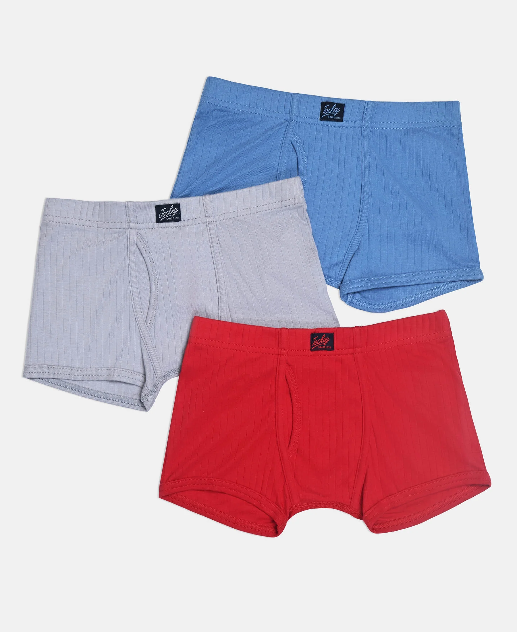 Super Combed Cotton Rib Fabric Solid Trunk with Front Open Fly and Ultrasoft Waistband - Coronet Blue, Chilli Pepper & Sleet (Pack of 3)