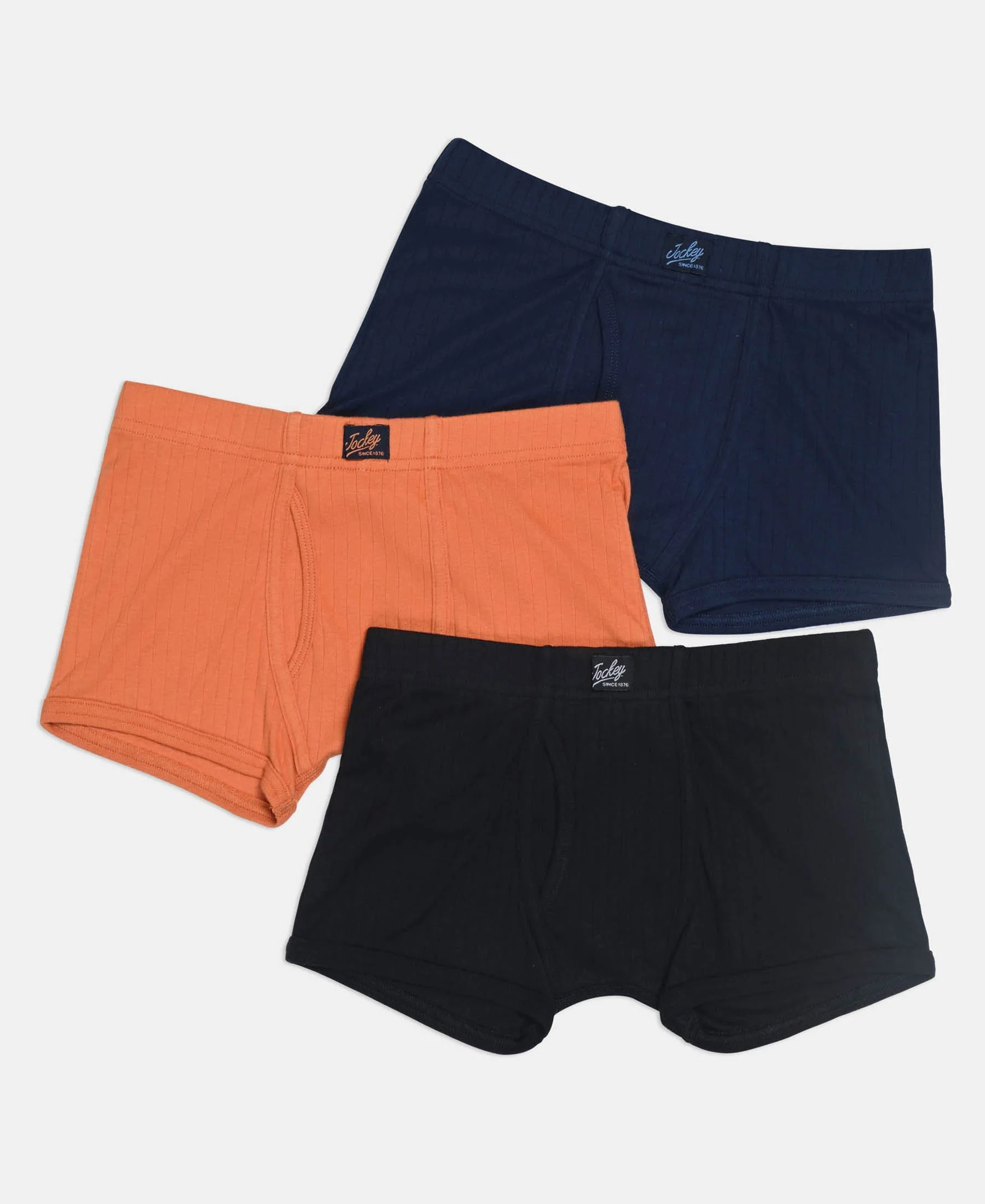 Super Combed Cotton Rib Fabric Solid Trunk with Front Open Fly and Ultrasoft Waistband - Navy, Black & Raw Sienna (Pack of 3)