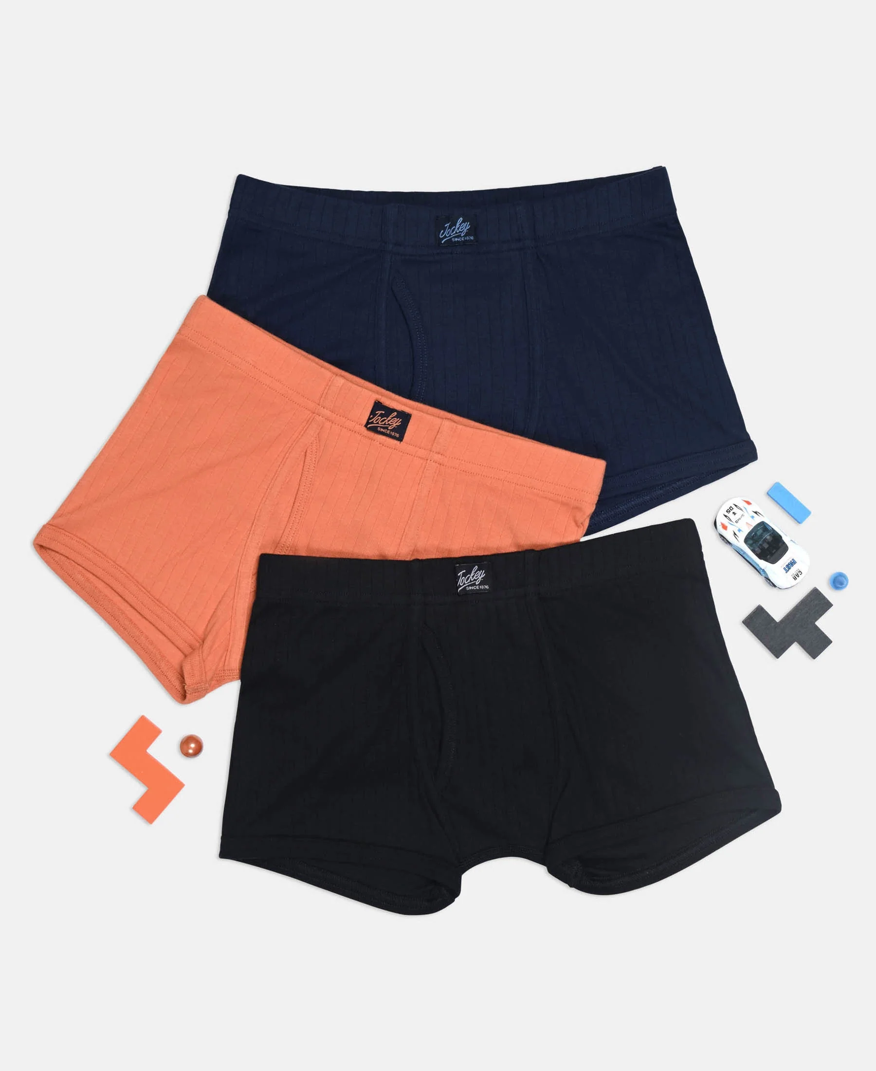 Super Combed Cotton Rib Fabric Solid Trunk with Front Open Fly and Ultrasoft Waistband - Navy, Black & Raw Sienna (Pack of 3) - Image 5