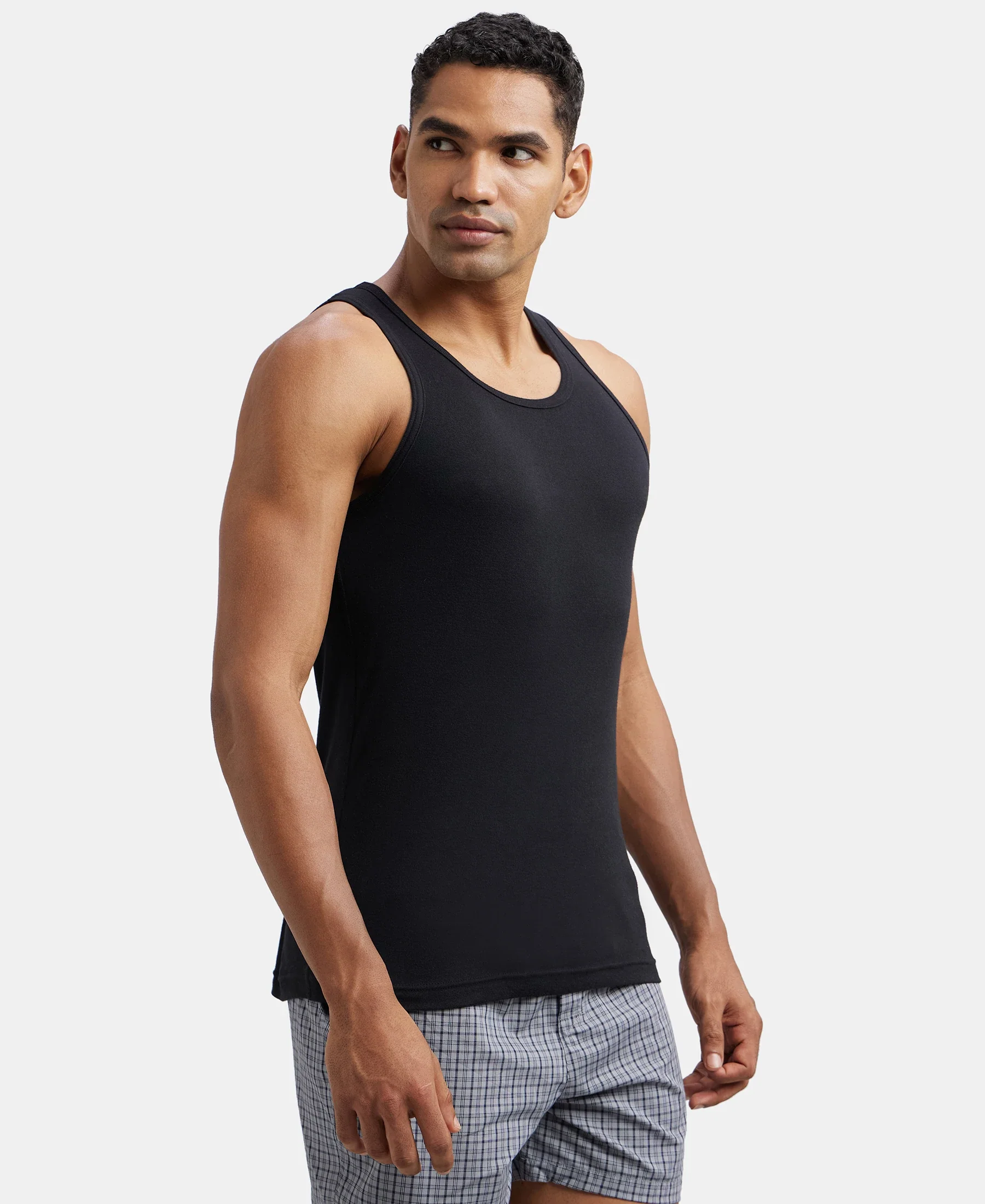 Super Combed Cotton Rib Round Neck Sleeveless Vest - Black & Neon Blue - Image 2