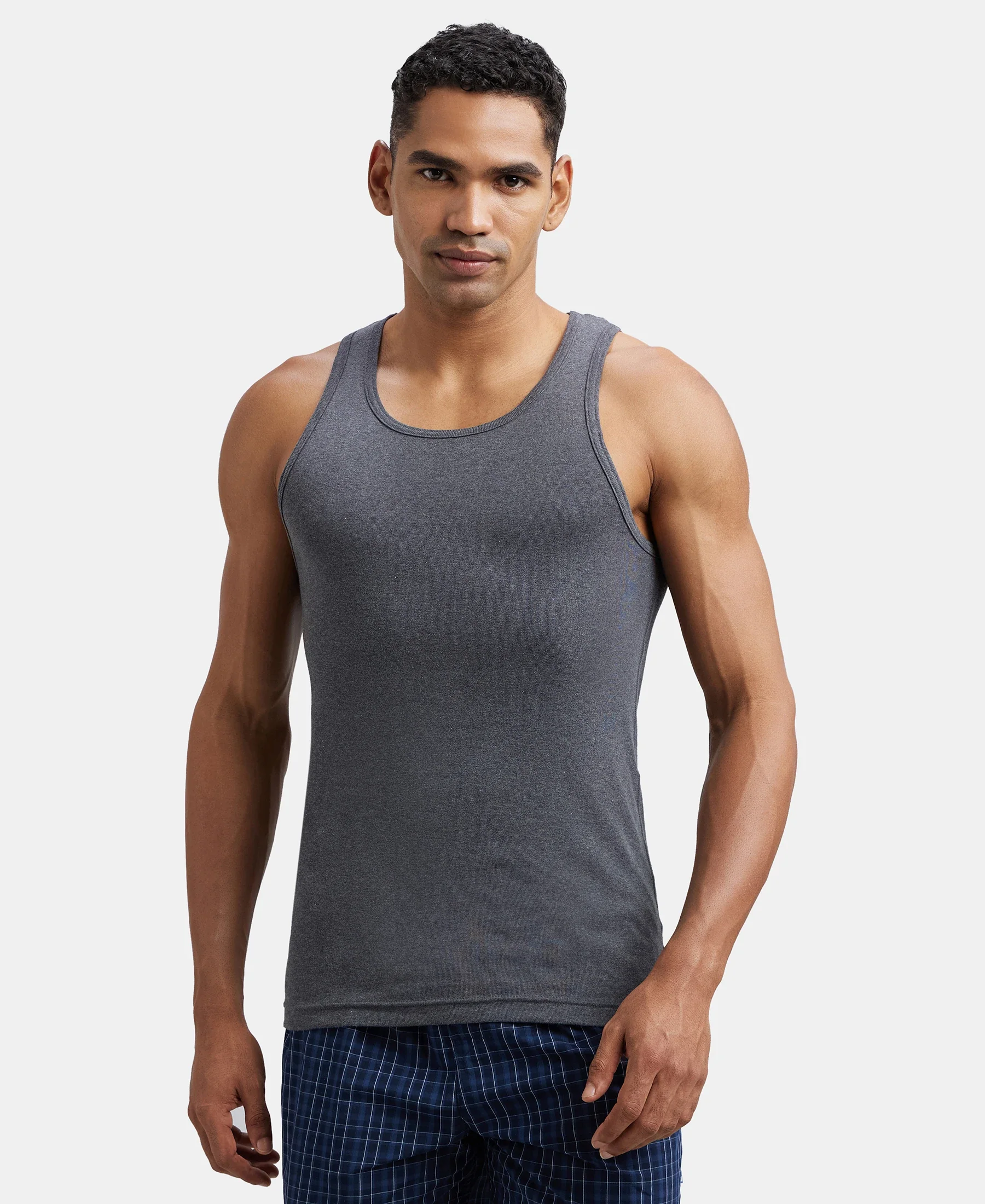Super Combed Cotton Rib Round Neck Sleeveless Vest - Charcoal Melange & Neon Orange