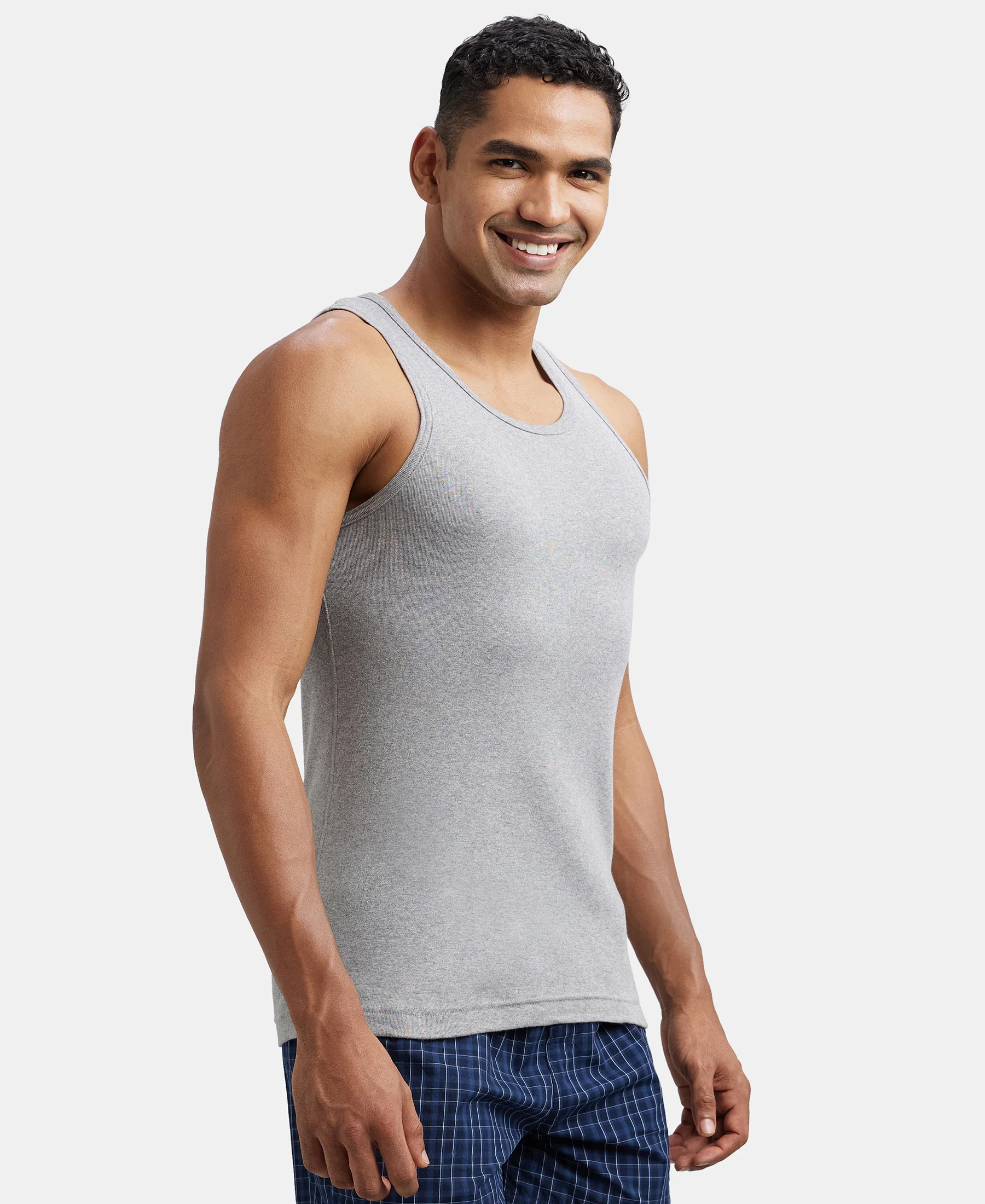 Super Combed Cotton Rib Round Neck Sleeveless Vest - Grey Melange & Teal Green - Image 2