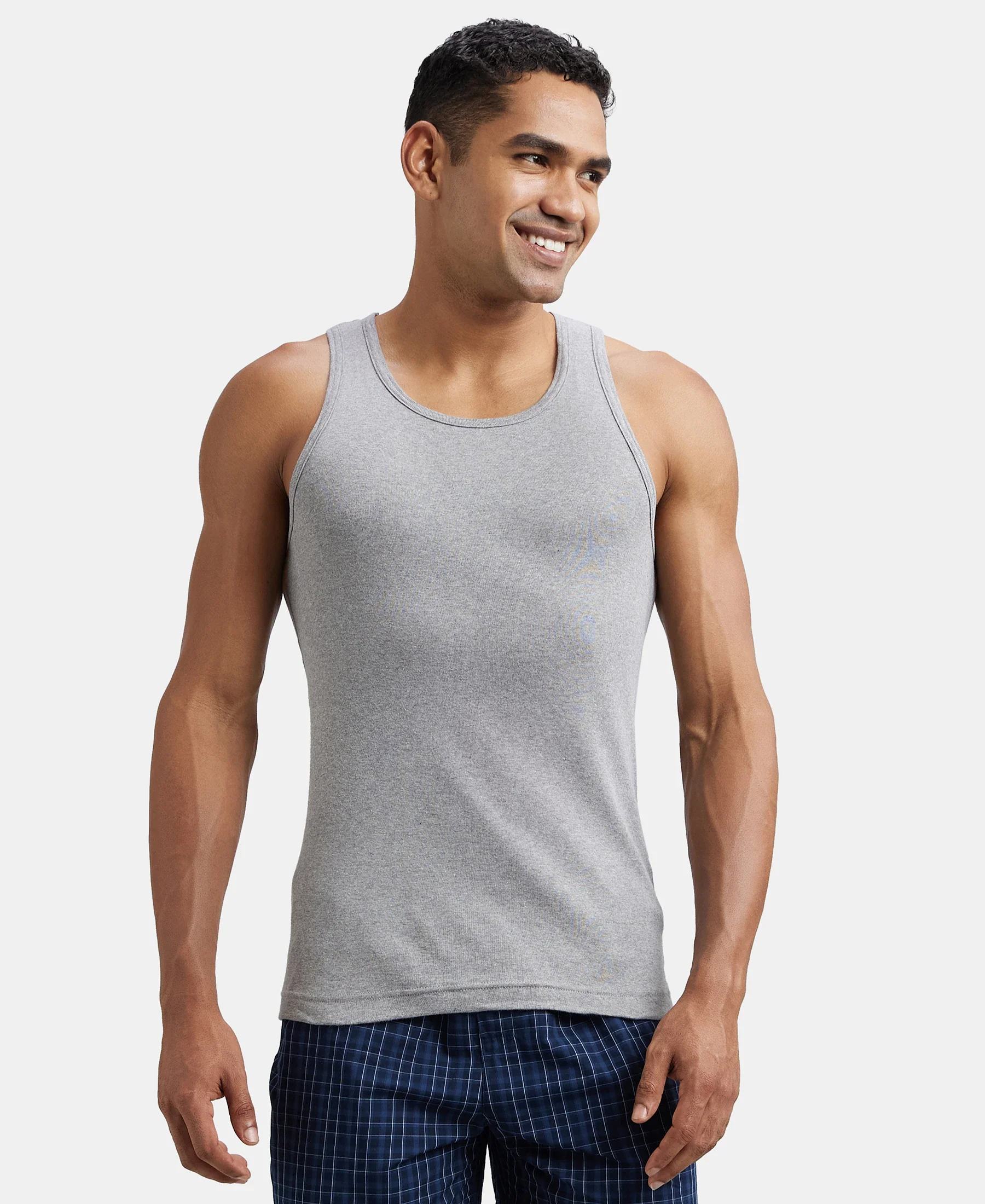 Super Combed Cotton Rib Round Neck Sleeveless Vest - Grey Melange & Teal Green - Image 5