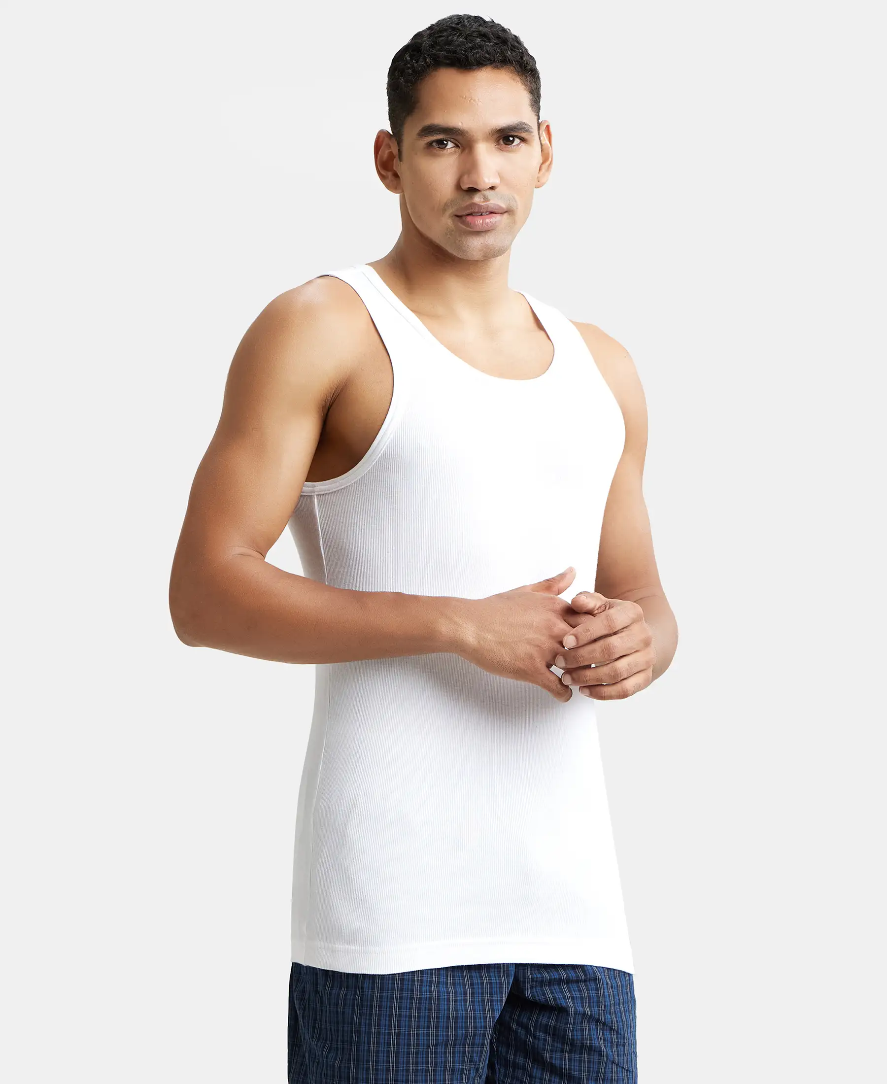 Super Combed Cotton Rib Round Neck Sleeveless Vest with StayFresh Properties - White - Image 2