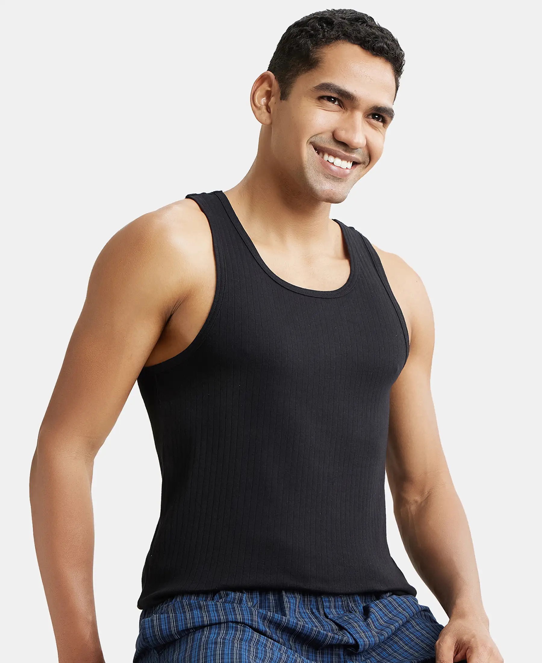 Super Combed Cotton Rib Round Neck with Racerback Gym Vest - Black - Image 5