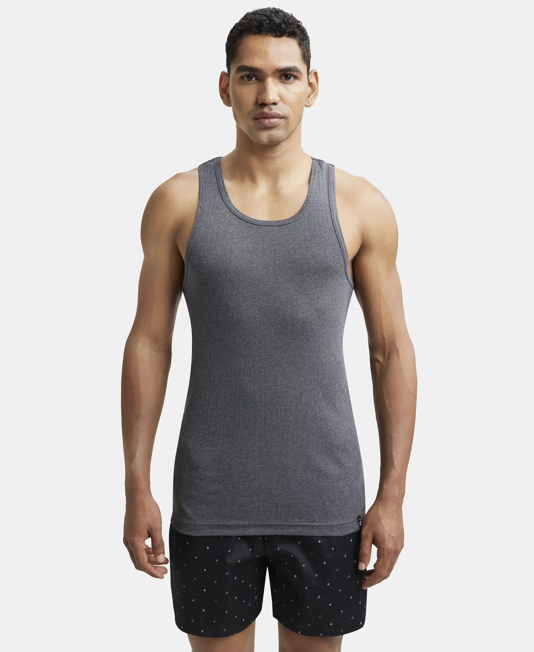 Super Combed Cotton Rib Round Neck with Racerback Gym Vest - Charcoal Melange