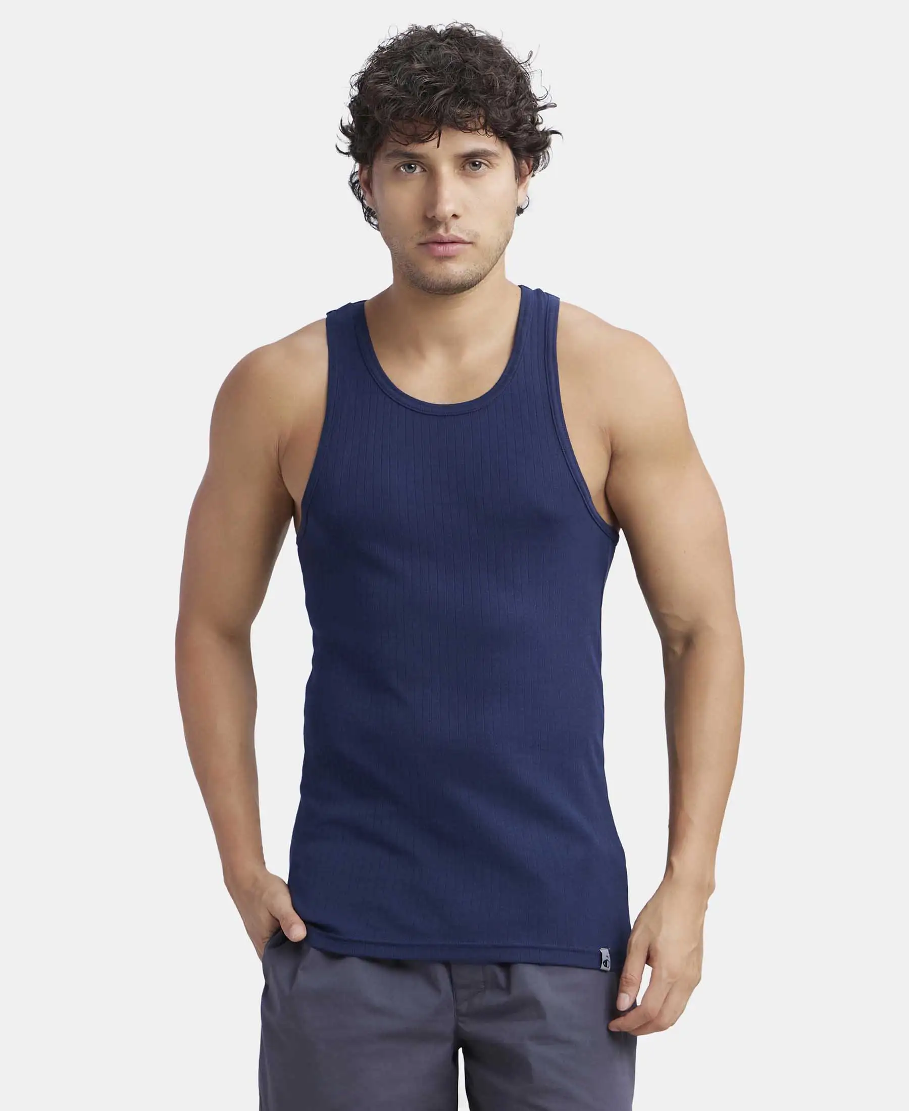 Super Combed Cotton Rib Round Neck with Racerback Gym Vest - Navy