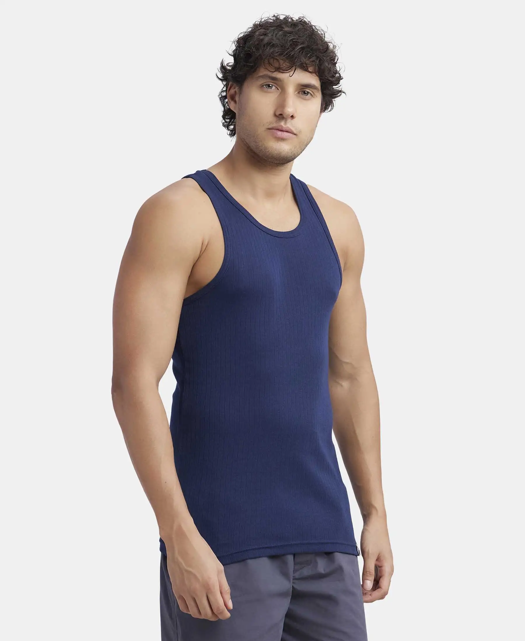 Super Combed Cotton Rib Round Neck with Racerback Gym Vest - Navy - Image 2